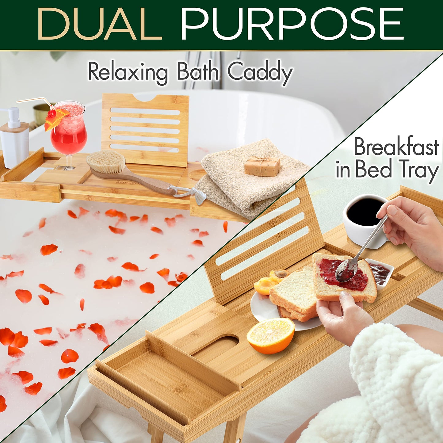 SereneLife Bath Caddy Breakfast Tray Combo - Natural Bamboo Wood Waterproof Tub and Bed with Folding Slide-Out Arms, Device Grooves, Wine Glass Soap Holder