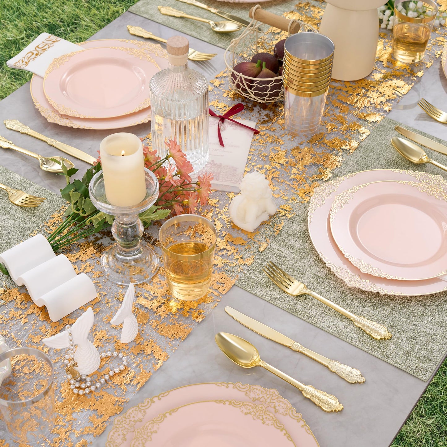 Fijinhom 350pcs Pink Plastic Plates, Elegant Disposable Dinnerware Set, 125 Pieces, White and Gold, Plates, Cups, Cutlery and Napkins (Pink, 50 Guests)