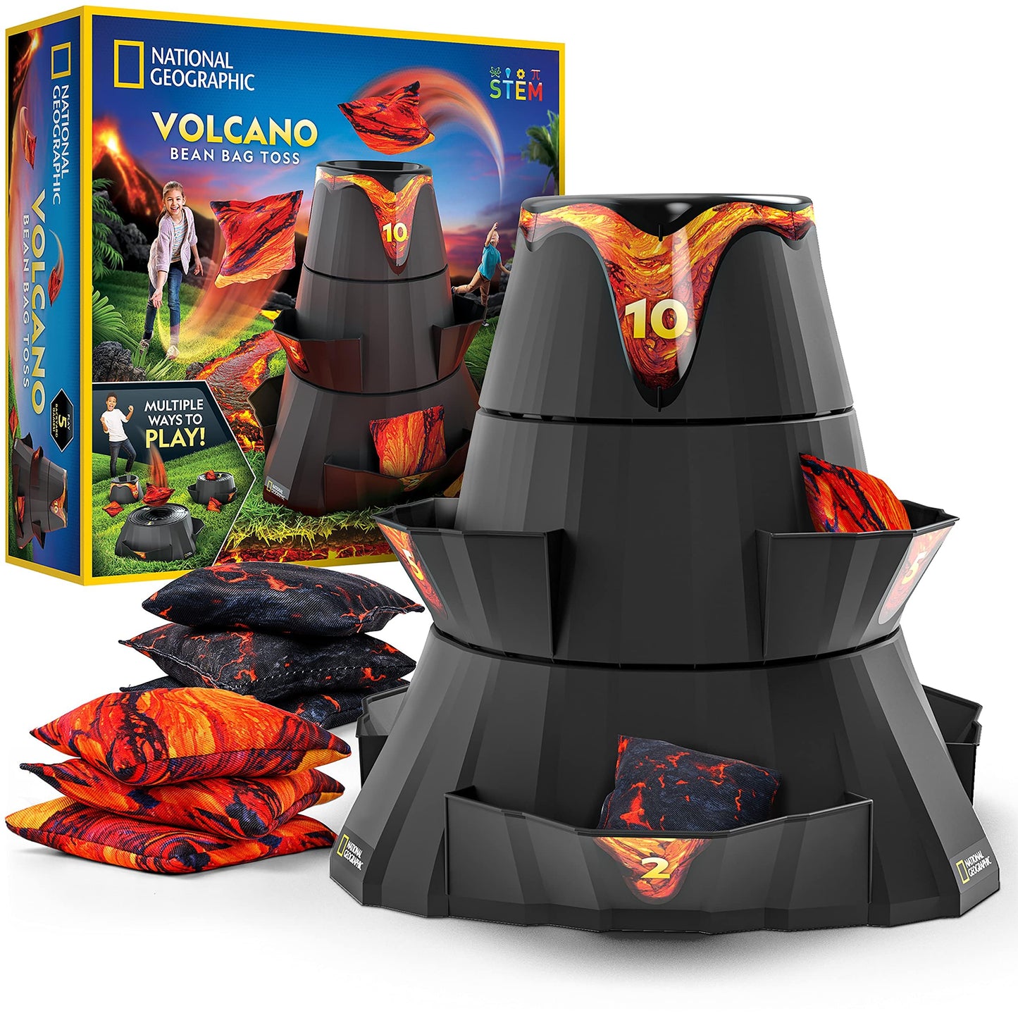 NATIONAL GEOGRAPHIC Volcano Bean Bag Toss Game for Kids - Kids Cornhole with 5 Backyard Games, Bean Bags, Volcano Tower & Decals, Yard Games for Kids, Outdoor Kids Games, Backyard Toys