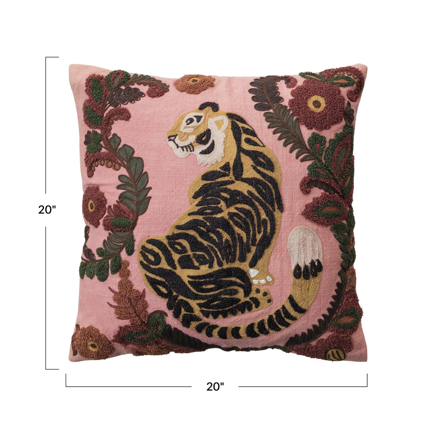 Creative Co-Op Embroidered Tiger and Flowers Cotton Slub Pillow, Multicolor
