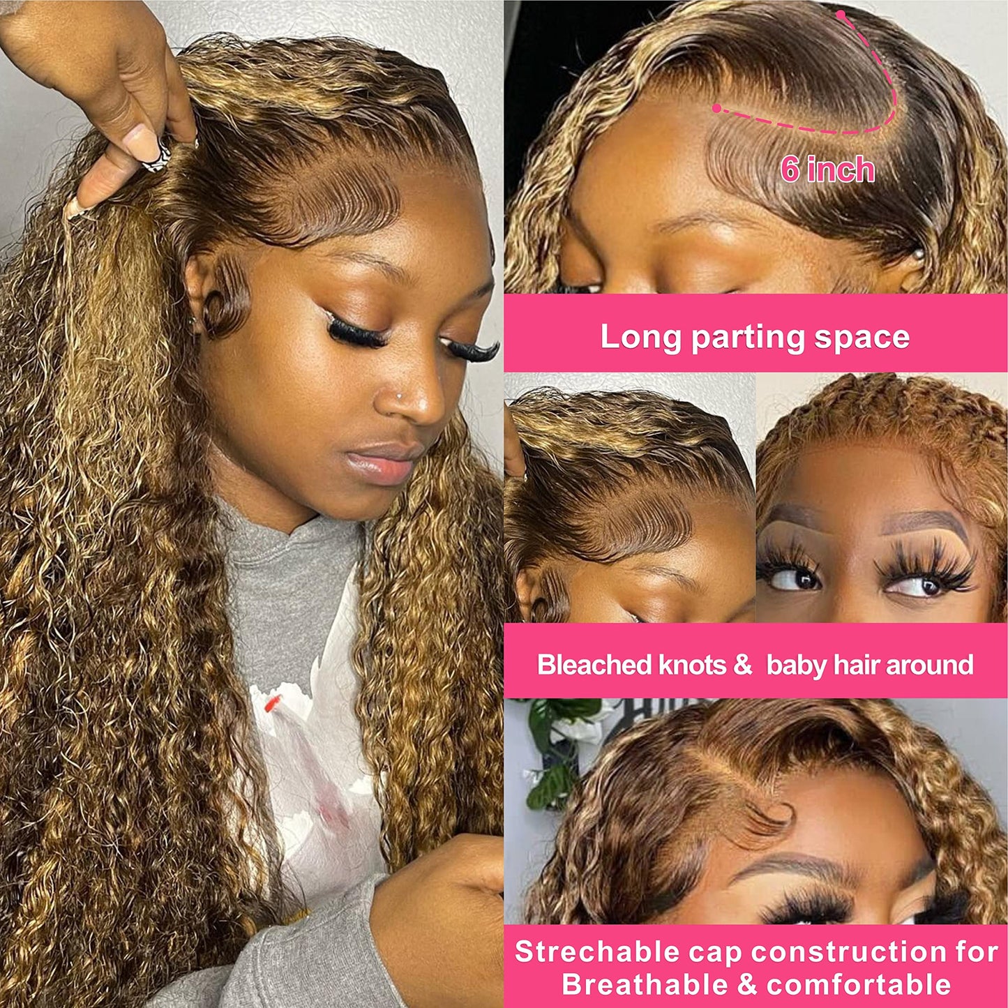 Juvid 13X6 Highlight Deep Wave Lace Front Wig Ombre Honey Blonde 13x6 Curly HD Lace Frontal Wig for Women 180% Density Glueless Jerry Curly Wig Pre Plucked Realistic Looking P4/27 Color 26 Inch