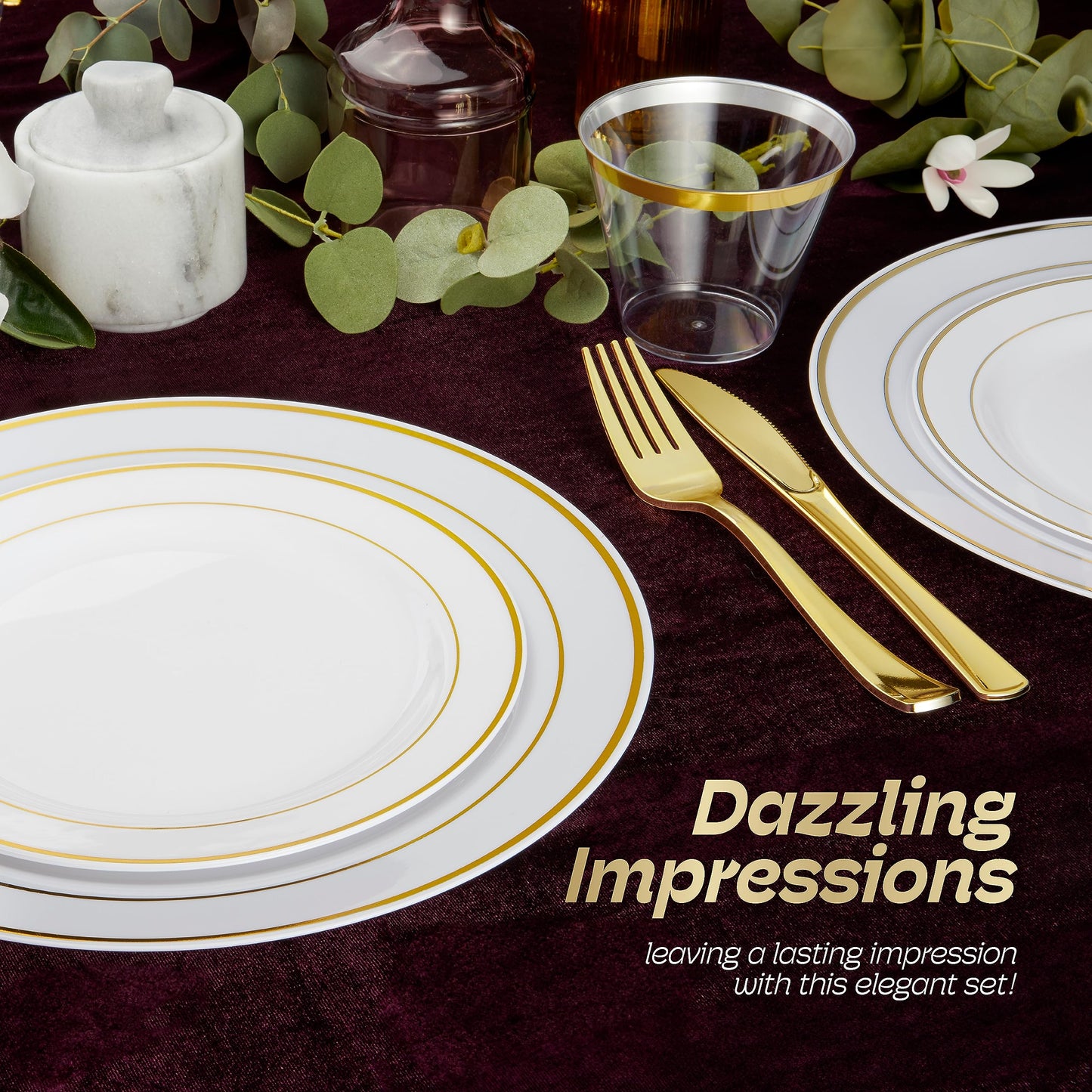 600pcs Plastic Dinnerware Set 100 Guest, Gold Plastic plates for party, Gold Party Plates Sets For 100 Guests, Wedding Plates Disposable Set Includes Also Cups, And Cutlery.