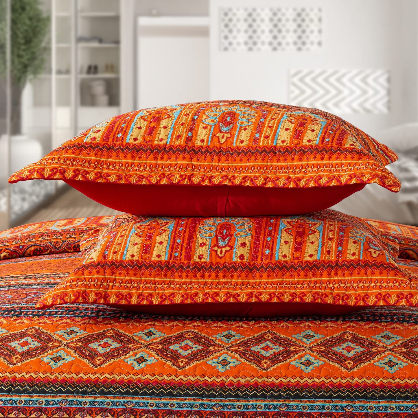 VAPUTAR Cotton Quilt King Size Bedding Set - 3 Pieces King Quilt Bedding Set, Boho King Size Quilts, Lightweight Reversible Coverlets Bedspreads for Farmhouse Bedroom (Red/Orange)