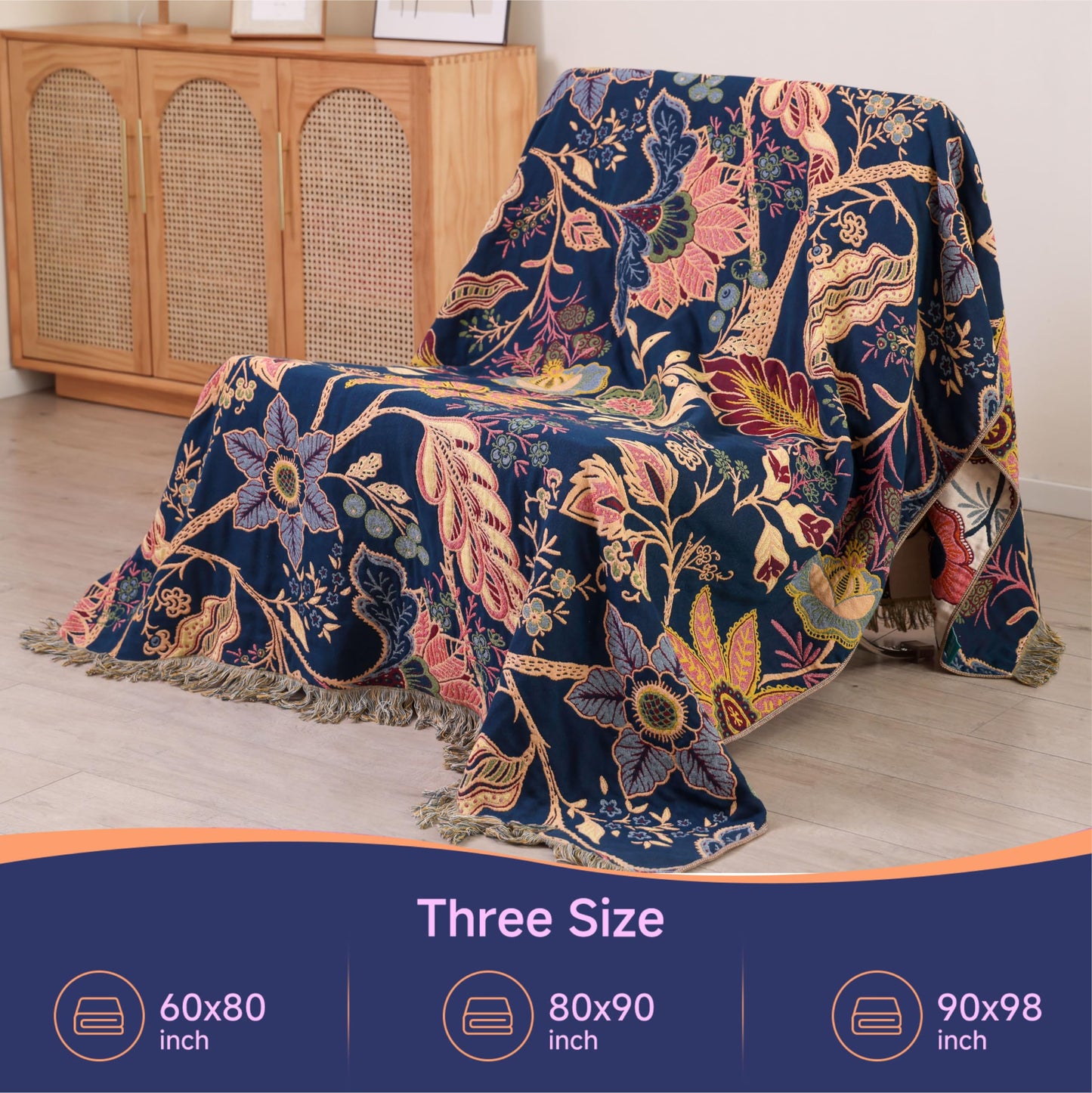 STASOPTK Boho Cotton Throw Blanket - Ultra-Soft Rustic Quilt for Bed, Home Decor & Travel - Large 90"x98" Muslin Blanket - All-Season Lightweight Bedspread & Throw for Women & Moms