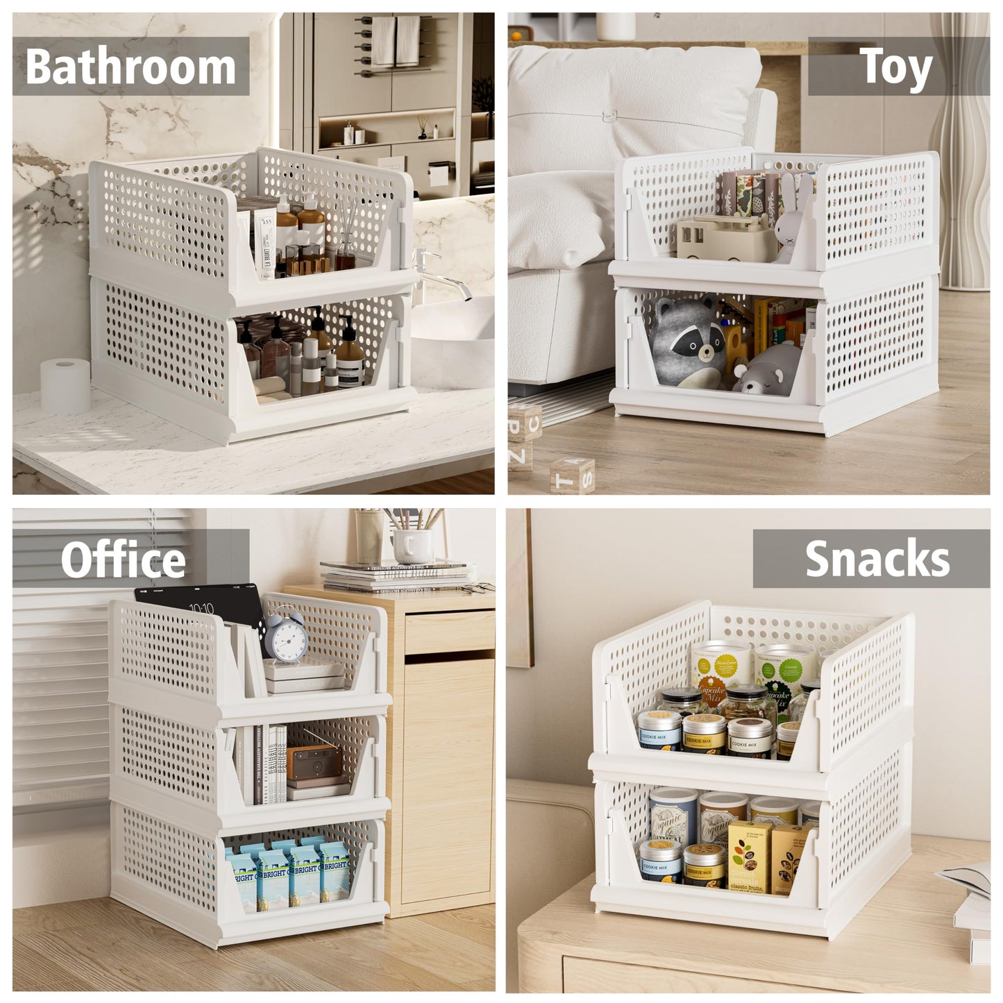 Proarea 5 Pack Stackable Plastic Storage Basket Closet Organizer Bin Foldable Clothes Organizer Storage Drawer Shelf Container for Living room Bathroom Kitchen Office (3L+2S), White, YG-3L2S