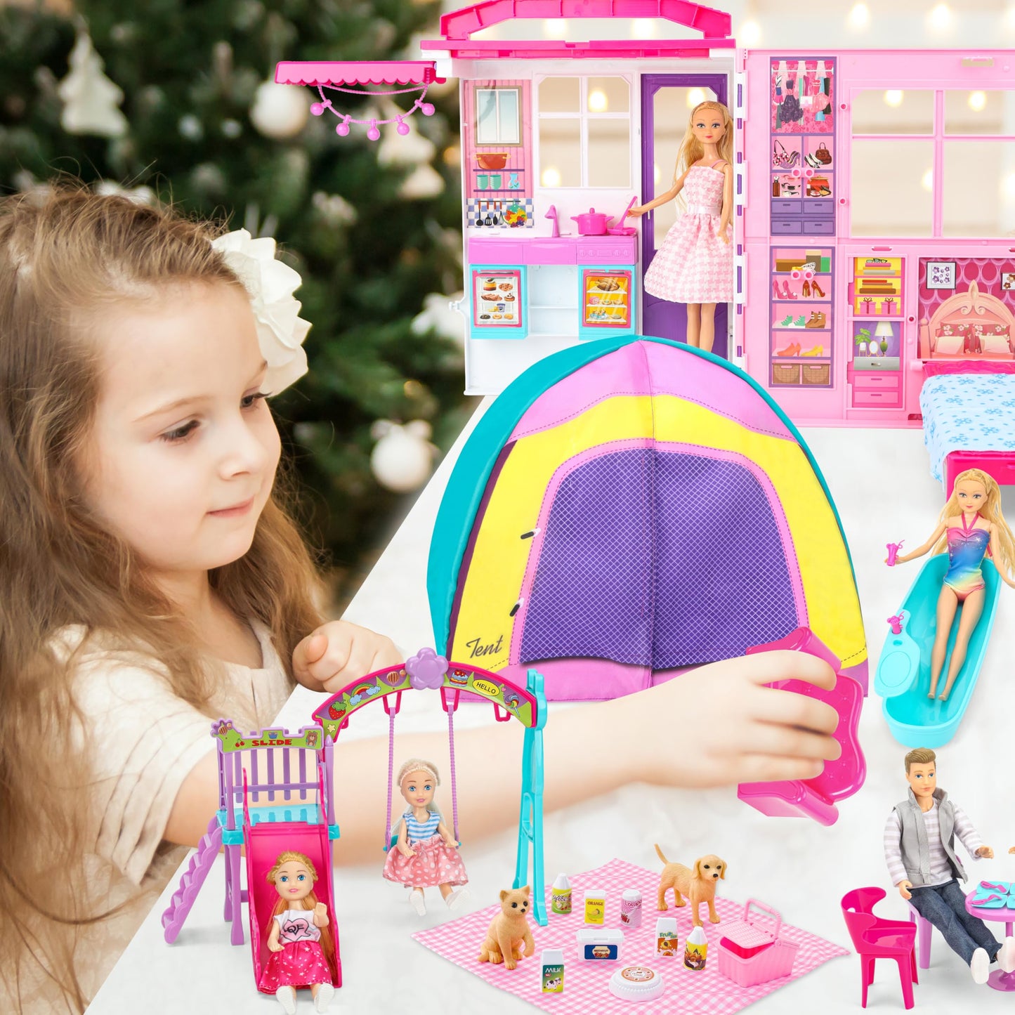 Style Shine Doll House Portable & Foldable Dollhouse w/ 60+ Pcs & 2 Dolls, Play House Toy with Bedroom Kitchen Furniture Camping Playset, Playhouse Birthday Gift for Girl Kid Toddler