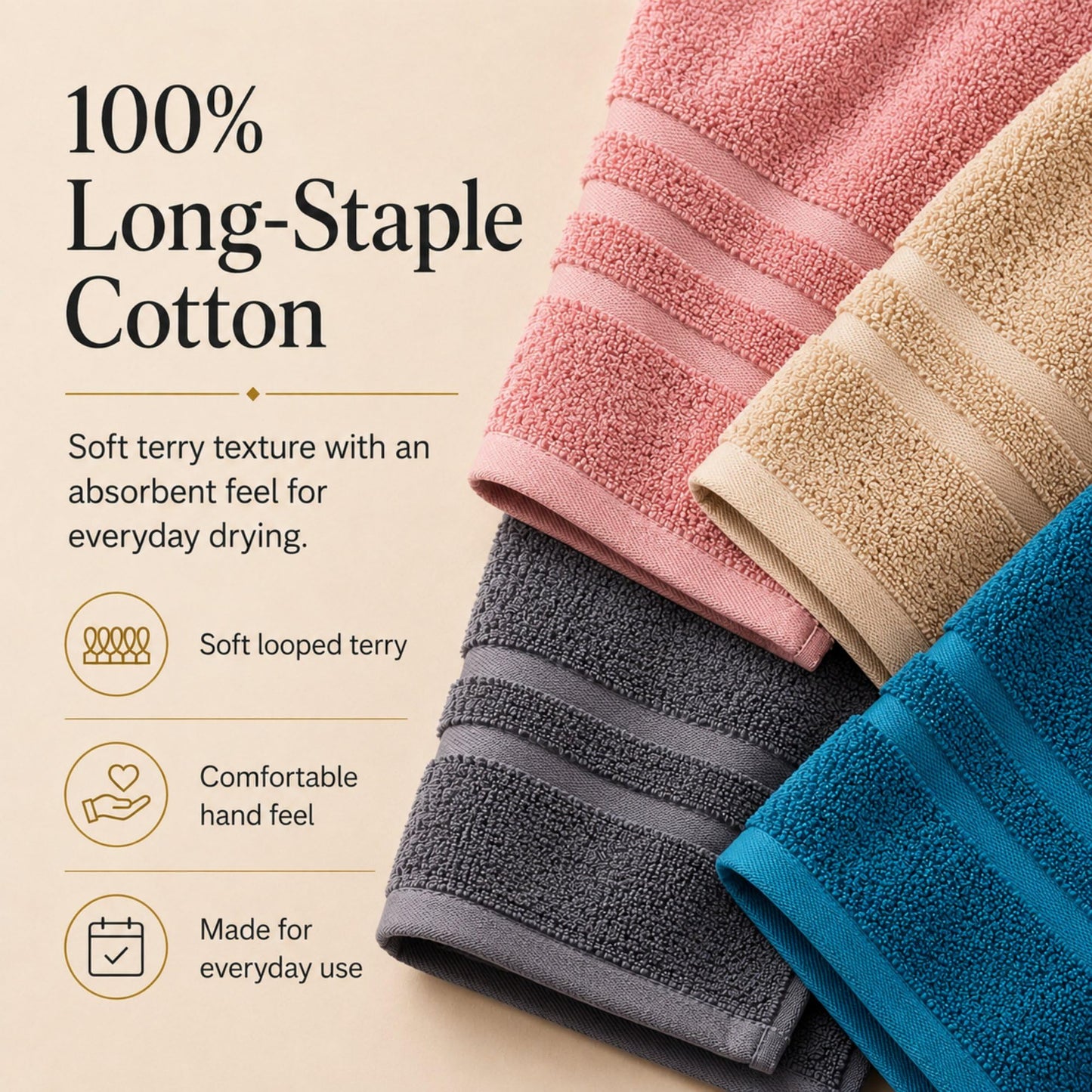 Velqora Bath Towels 4 Pack, 30 x 60 Inches, Large 100% Cotton Towels, Soft, Absorbent, Comfortable for Home, Spa, and Gym, (Pink,Gray,Beige,Blue)