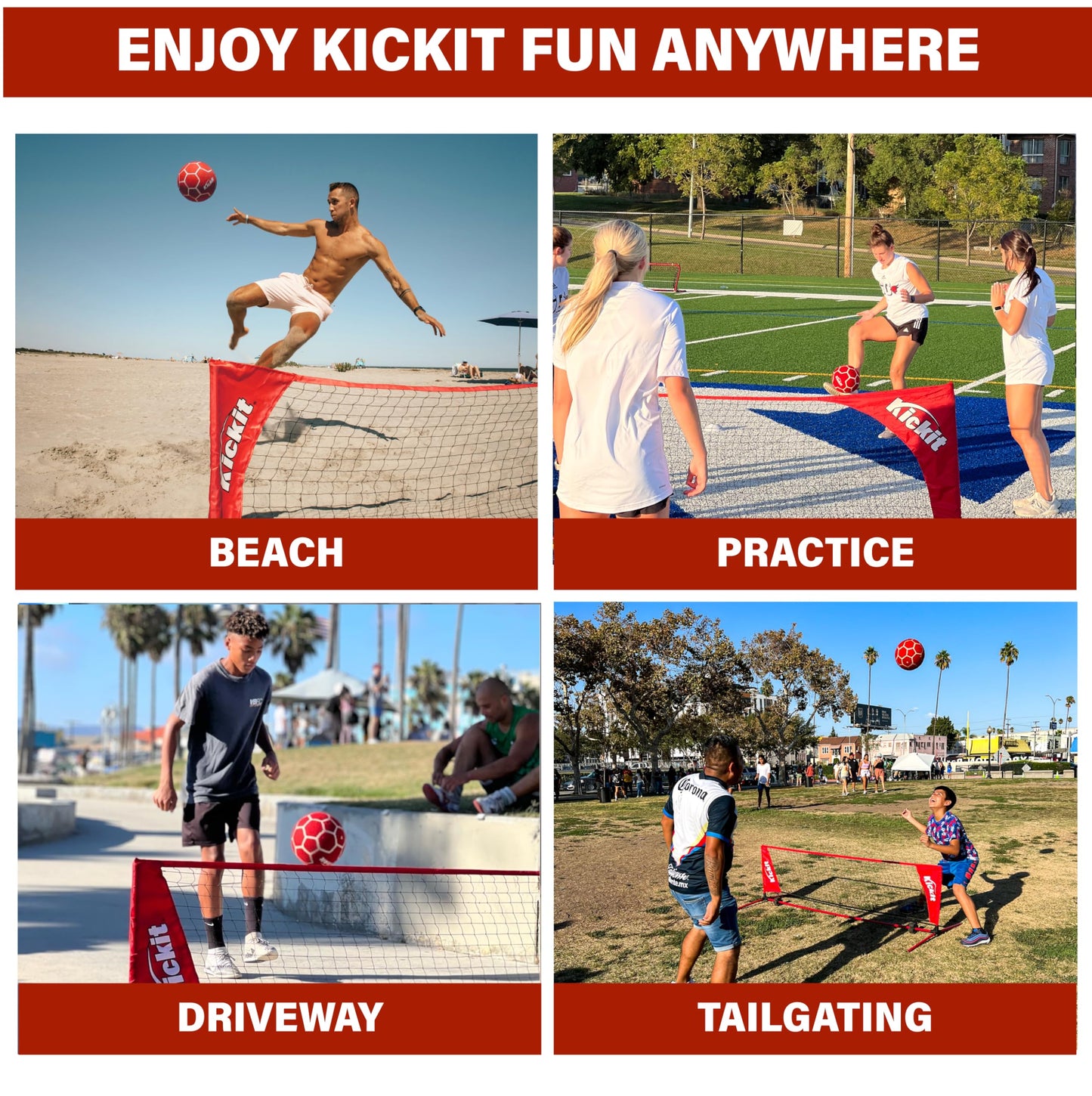 KickIt Soccer Tennis Game Set, Portable 6.5' Wide x 2' High Net with Soft Lightweight Ball, Red, Metal, Complete Skills Training, Outdoors Indoors Backyard Beach, Travel Friendly, Ages 7+