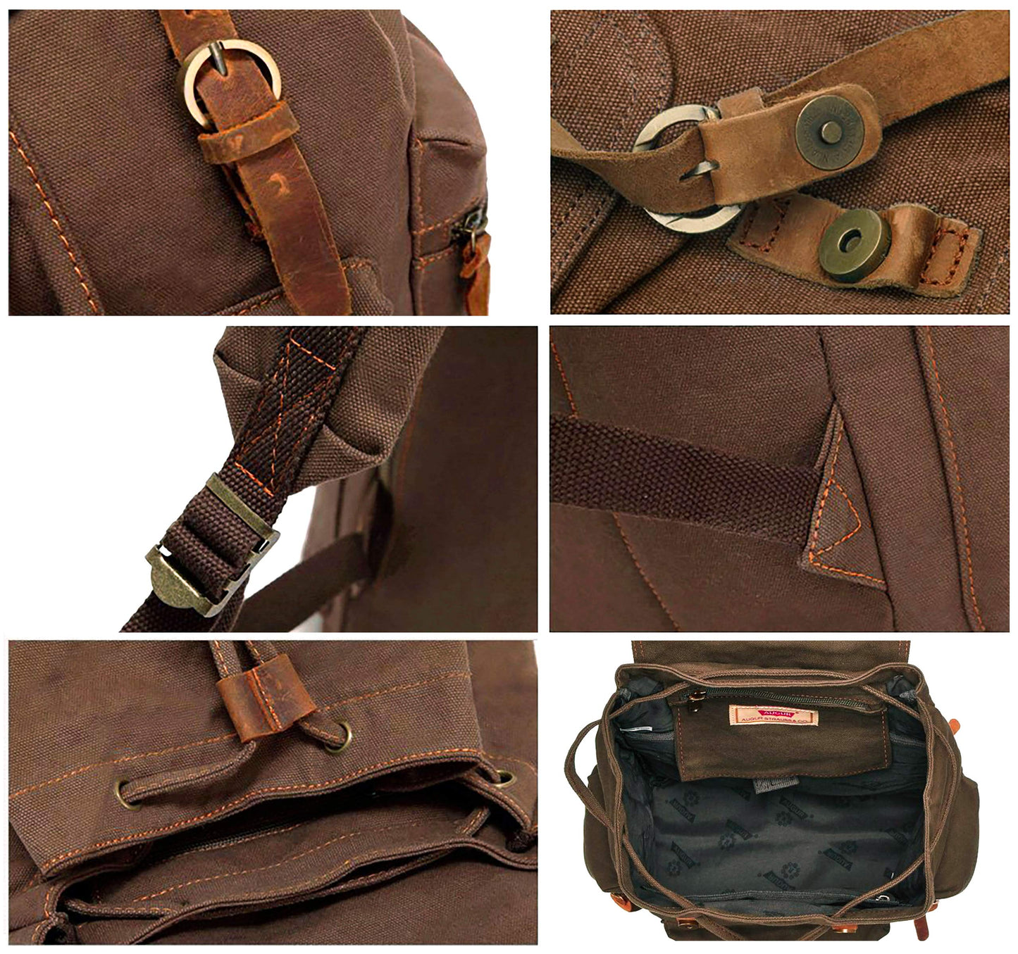 HuaChen Vintage Canvas Travel Backpack with Leather Trim, Laptop Padded Sleeve, Hidden Back Security Pocket, Fits 15-Inch, M32 Coffee Large