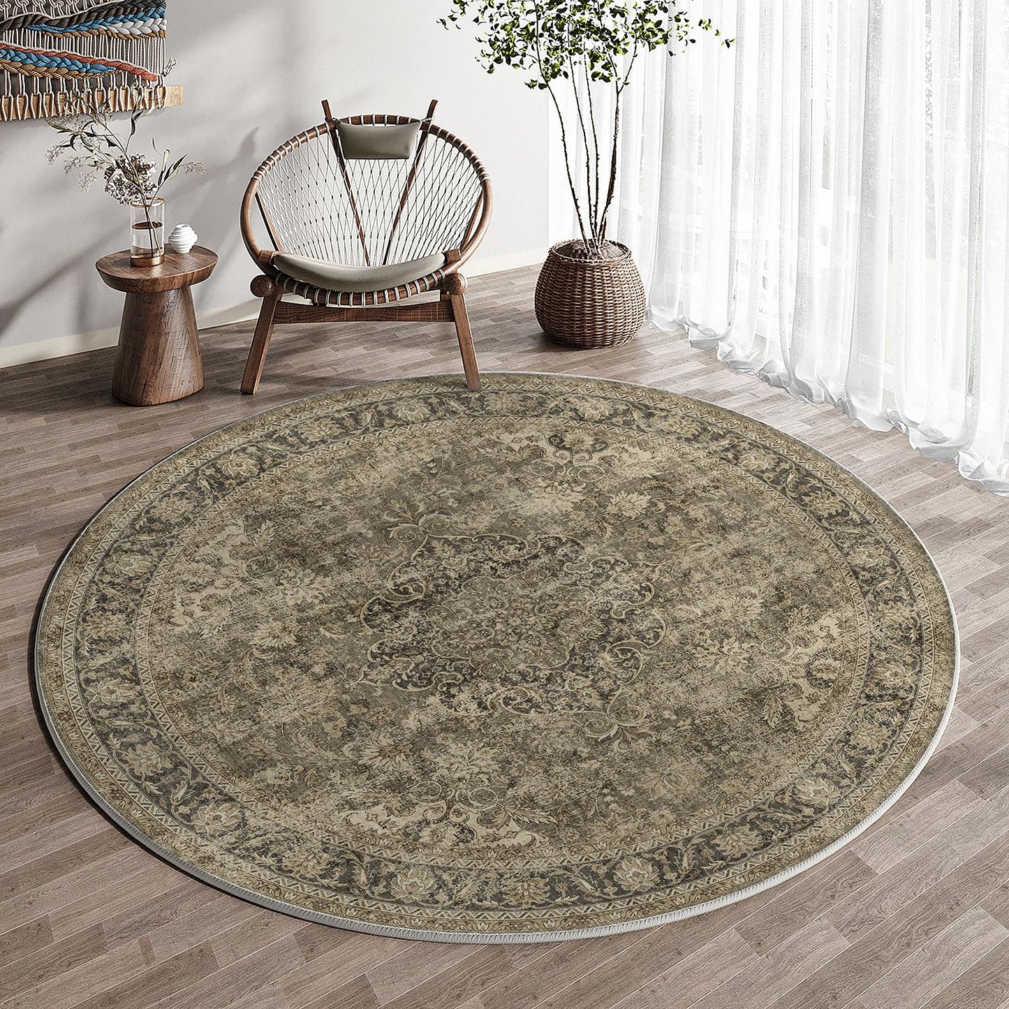 WondRg 6x6 Washable Brown Round Rug Vintage Living Room Bedroom Circle Rug Non-Slip Soft Low Pile Distressed Indoor Carpet for Kitchen Dining Room Office