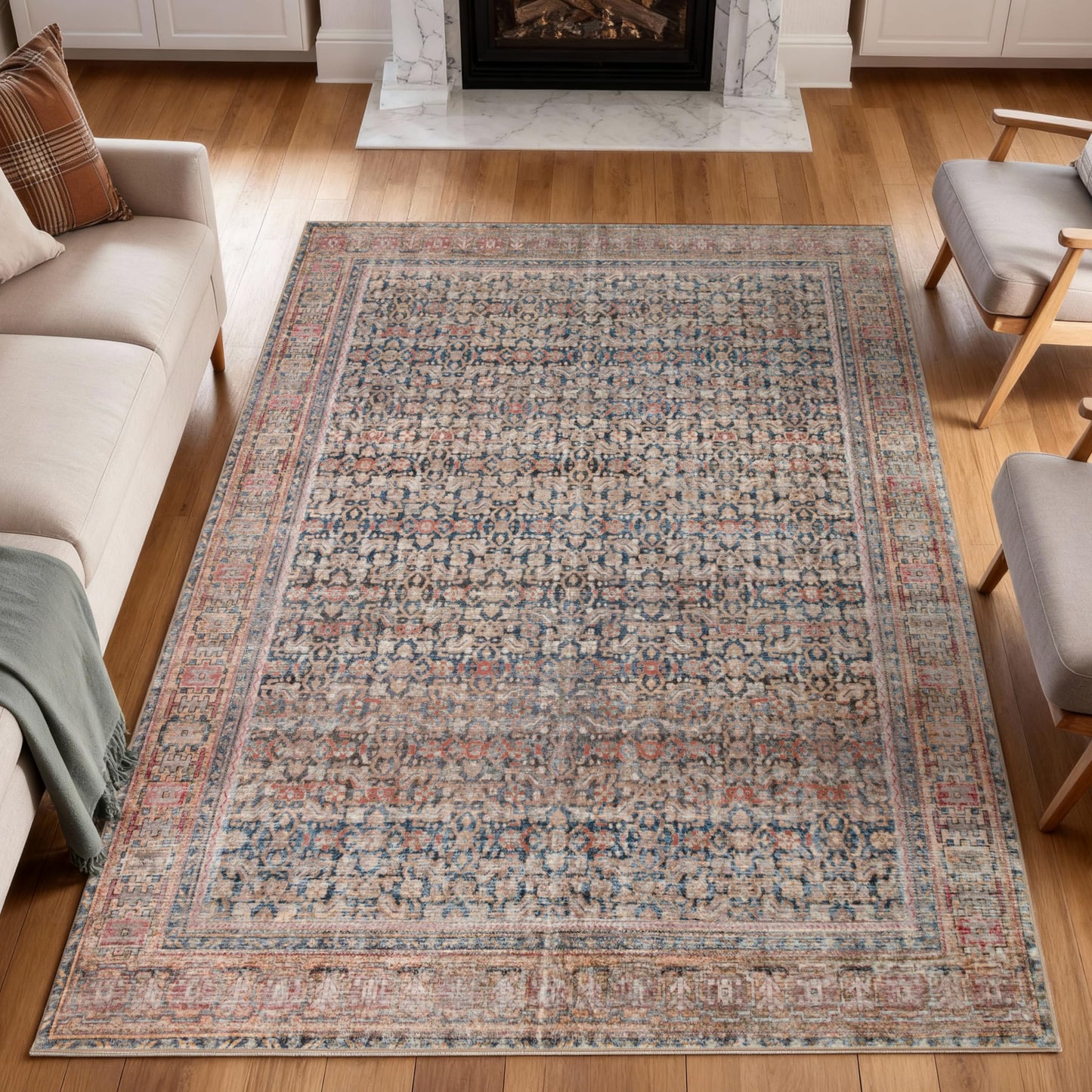 Kuden 5x7 Area Rug, Machine Washable Area Rug with Non-Slip Backing, Vintage Style, Soft, Easy Clean, Low Pile Rug for Living Room, Bedroom, Dining Room