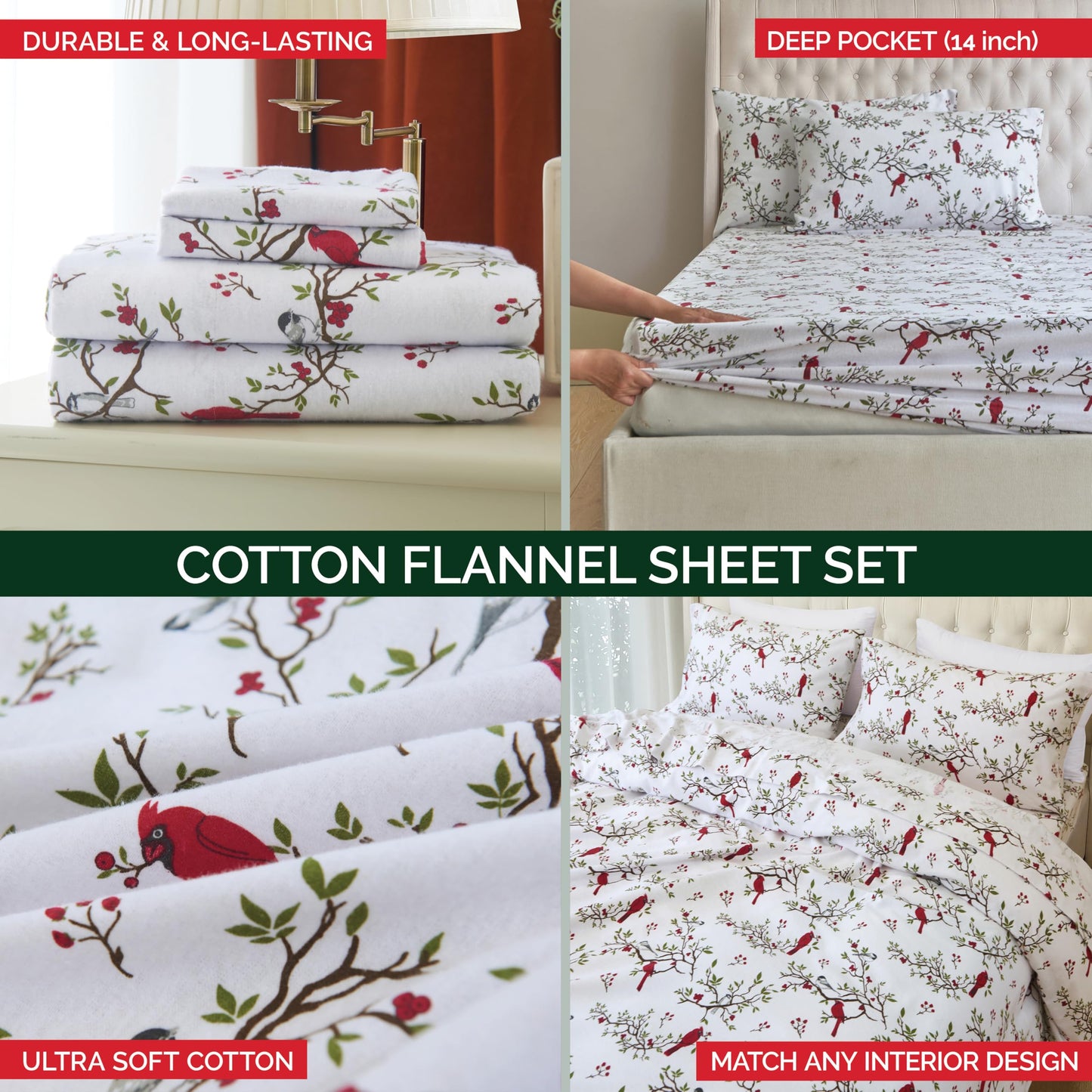 Elegant Comfort Ultra Soft 4-Piece 100% Turkish Cotton Flannel Sheet Set - Holiday Christmas Flannel Sheets, Warm and Cozy Premium Quality, Deep Pocket Fitted Sheet- King, Cardinal