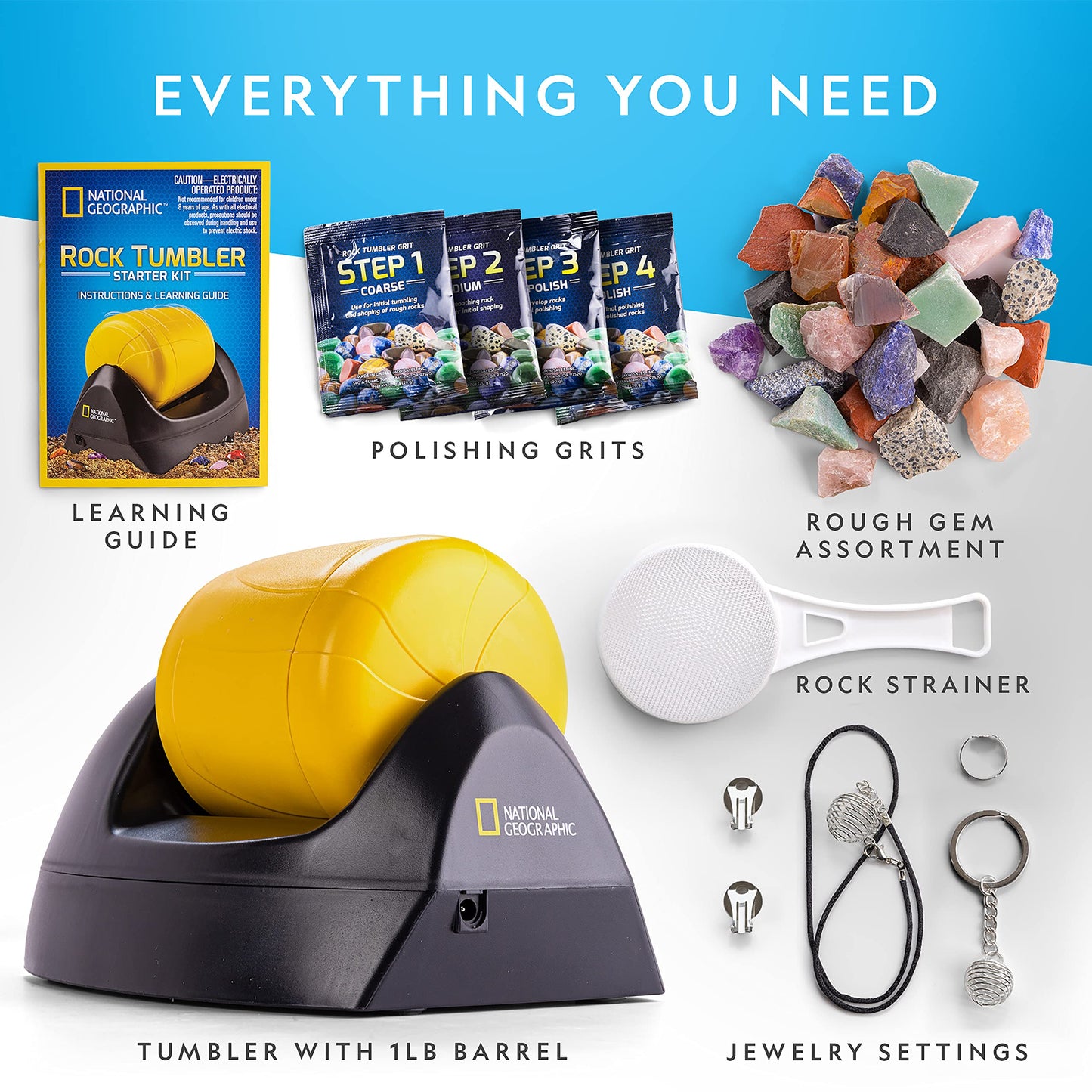 NATIONAL GEOGRAPHIC Starter Rock Tumbler Kit - Includes Rough Gemstones, 4-Stage Silicon Carbide Polishing Grit, Jewellery Fastenings & Learning Guide - STEM Science Kit for Geology Enthusiasts