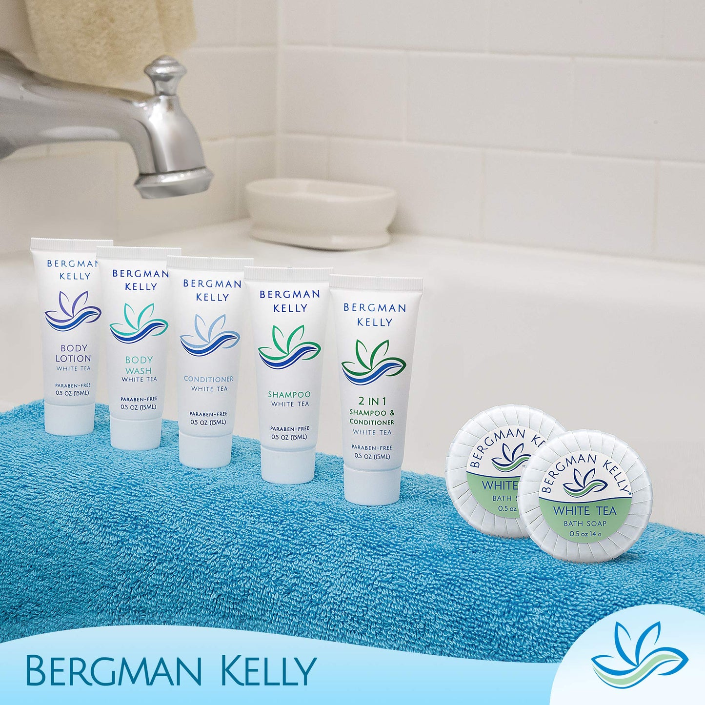 BERGMAN KELLY - Hotel Soap Bars - White Tea, 0.5 oz, 200 PK - Travel Size Luxury Bulk Amenities Bar Soap, Mini Individually Wrapped Round Soap - Small Toiletries for Airbnb, Motel, Guest Bathroom