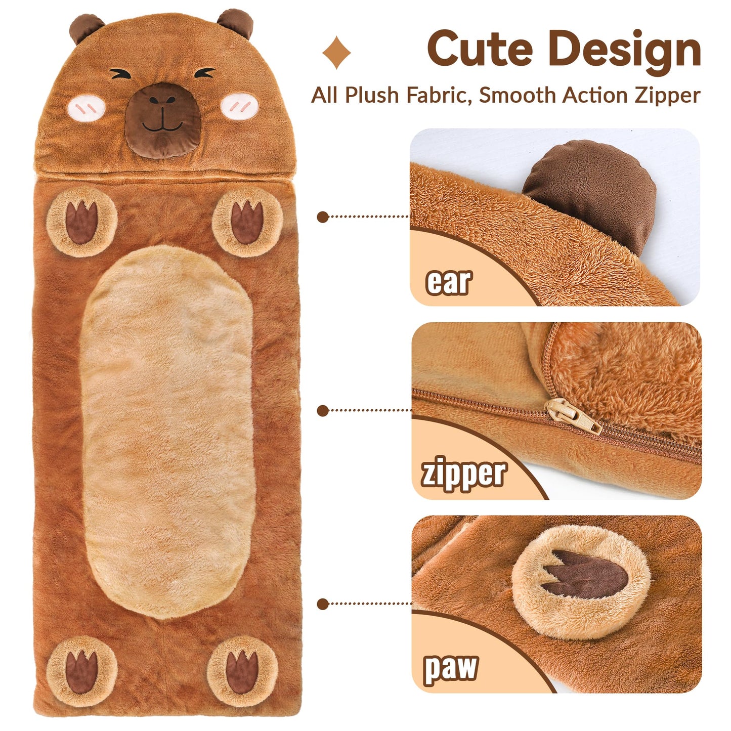 iPlay, iLearn Kid Sleeping Bag, Plush Capybara Slumber Bag, Toddler Girl Boy Nap Mat, 2 In 1 Brown Animal Pillow, Happy Travel Sleepover Daycare Preschool Birthday Gift for Age 3 4 5 6 7 8 10 12 Child