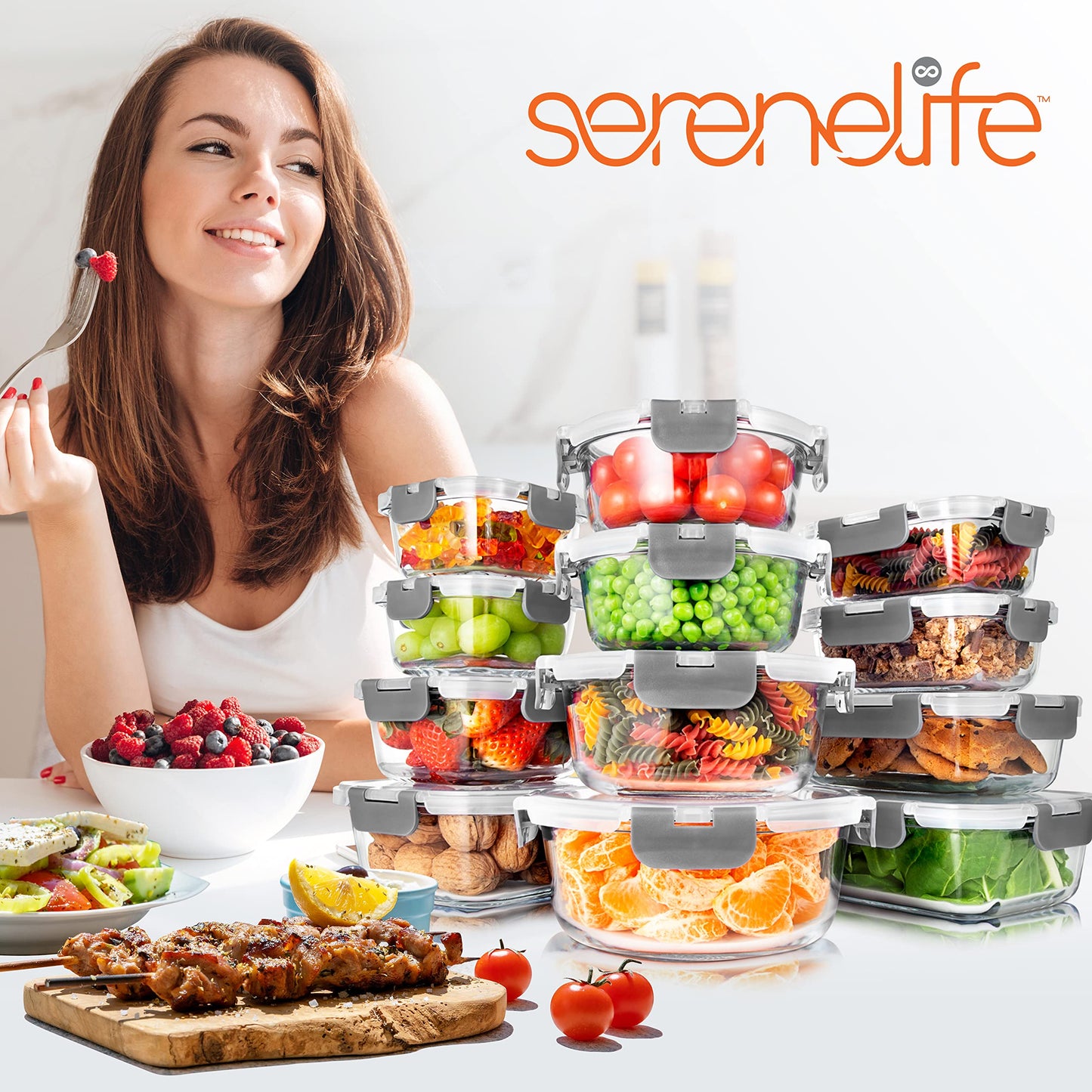 SereneLife 24 Piece Glass Storage Containers with Lids, 12 Pack Glass Meal Prep Container Set for Lunch, Kitchen Storage, Food Storage, Leak Proof, Freezer Safe and Dishwasher Safe, Gray
