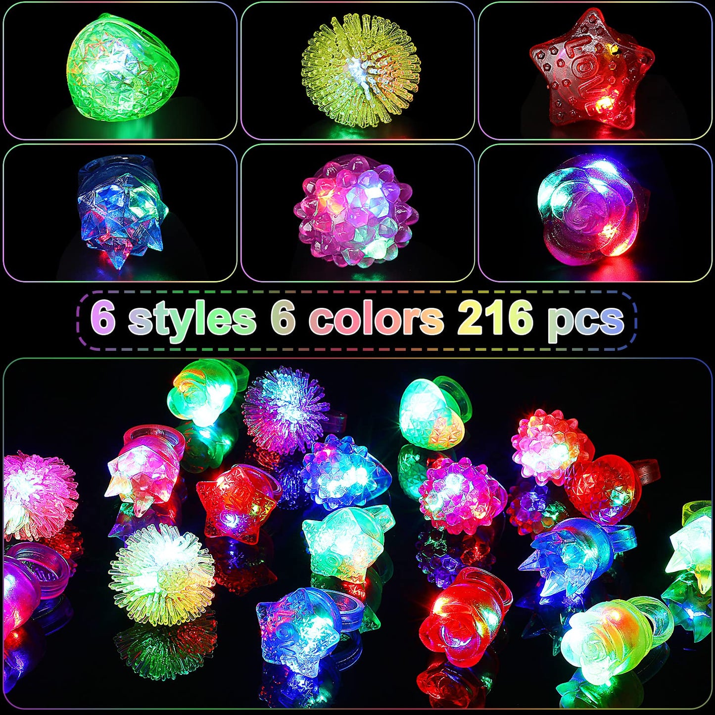 216 Pieces Light Up Rings 6 Style Flashing Glow in the Dark Jelly LED Rings Bumpy Rubber Blinking Light Up Party Favor for Dance Raves Parties Prizes Gift