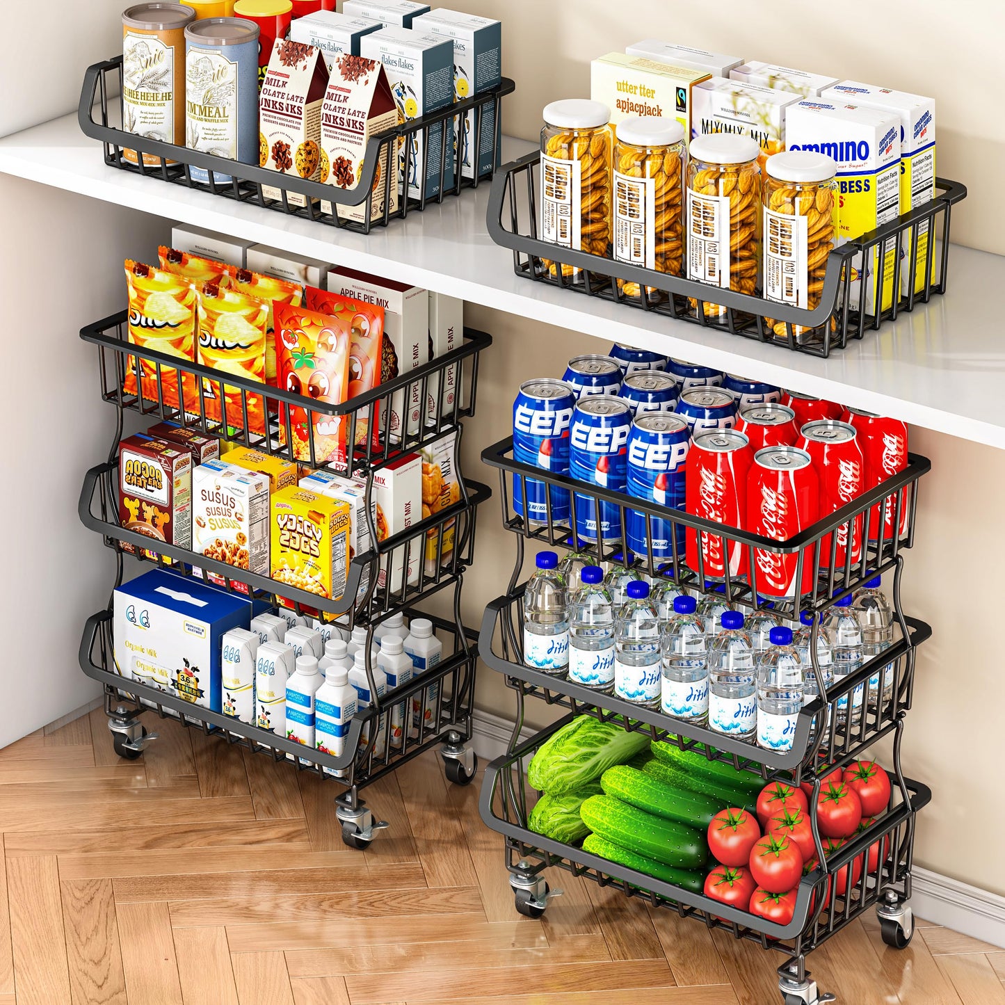 Gsiekare 3-Tier Rolling Pantry Organizer and Storage Cart with Wheels – Stackable Wire Snack Cart for Kitchen, Pantry Shelves and Storage Rack for Fruit, Vegetables, Onion, Potato (1 Pack)