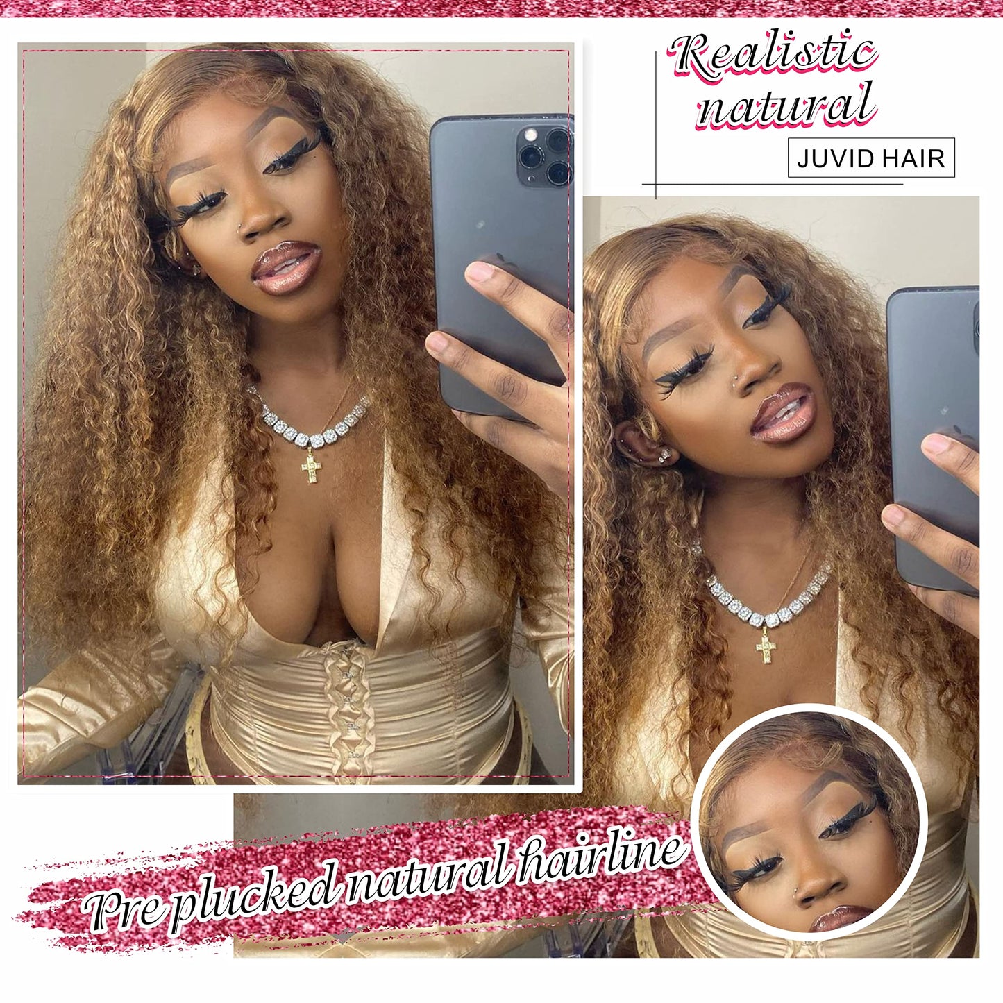 Juvid 13X6 Highlight Deep Wave Lace Front Wig Ombre Honey Blonde 13x6 Curly HD Lace Frontal Wig for Women 180% Density Glueless Jerry Curly Wig Pre Plucked Realistic Looking P4/27 Color 26 Inch