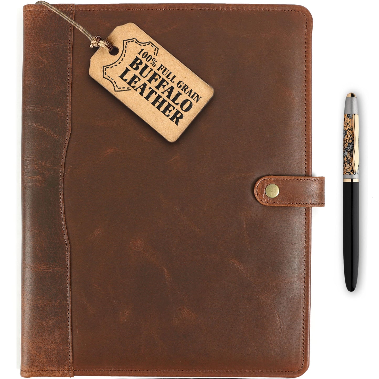 Leather Portfolio, Leather Binder with Pen, Resume Organizer & Padfolio for Men and Women | Business Portfolio with Card Holder & Document Organizer (Brown)