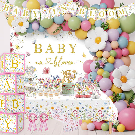 Baby In Bloom Baby Shower Decorations, 175Pcs All in One Set Wildflower Baby Shower Decorations Boxes Banner Backdrop Tablecloth Cake Topper Balloon Sash for Floral Baby in Bloom Shower Party Girls