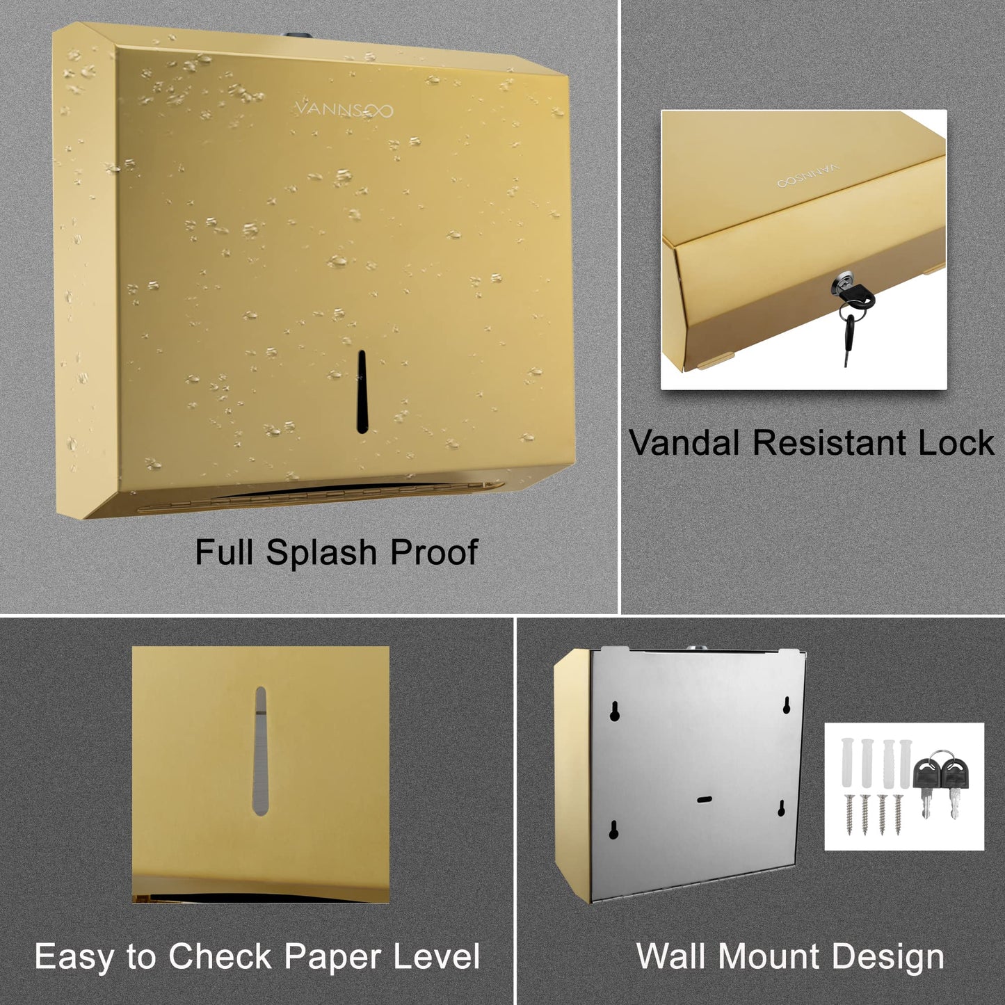 VANNSOO Commercial Paper Towel Dispenser Wall Mount, Tri-fold/Multi-fold/C-Fold Stainless Steel Paper Towel Holder Hand Towel Dispenser with Key (Gold)