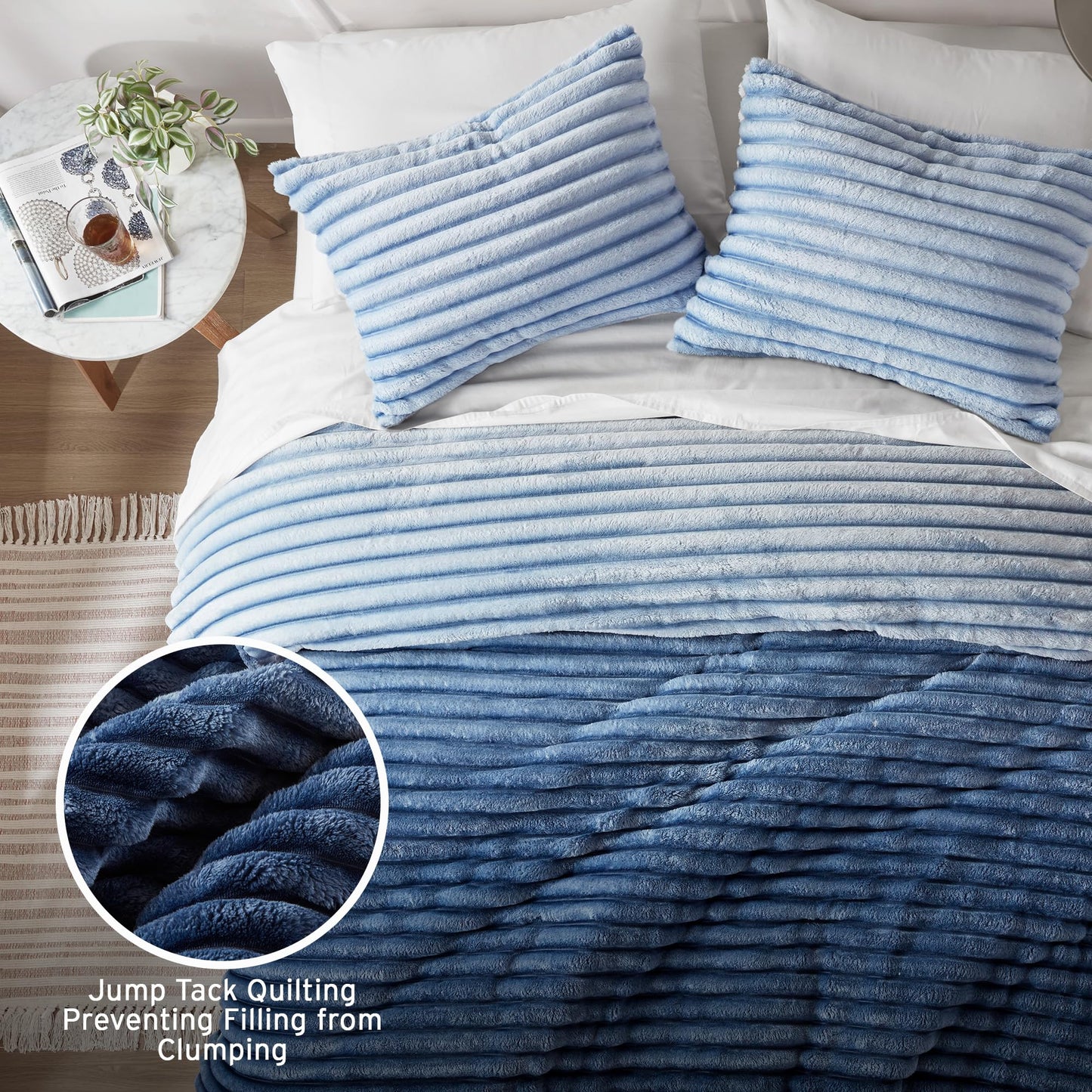 Intelligent Design Queen Comforter Set, Plush Bedding, Microfiber Reverse, 3 Piece, Lightweight, Super Soft Ribbed Velvet Comforter 2 Shams, All Season Fluffy Bed Set, Avril, Full/Queen Blue Ombre