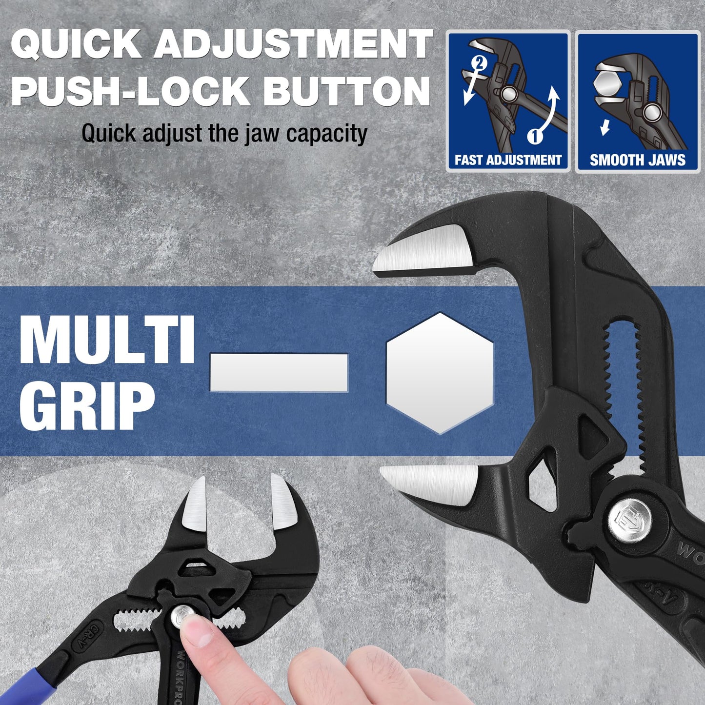 WORKPRO Pliers Wrench Set, 7 & 10-Inch CR-V Construction Wrench Pliers, Adjustable Parallel Smooth Jaw Pliers, Black Finish, Groove Lock Mechanism
