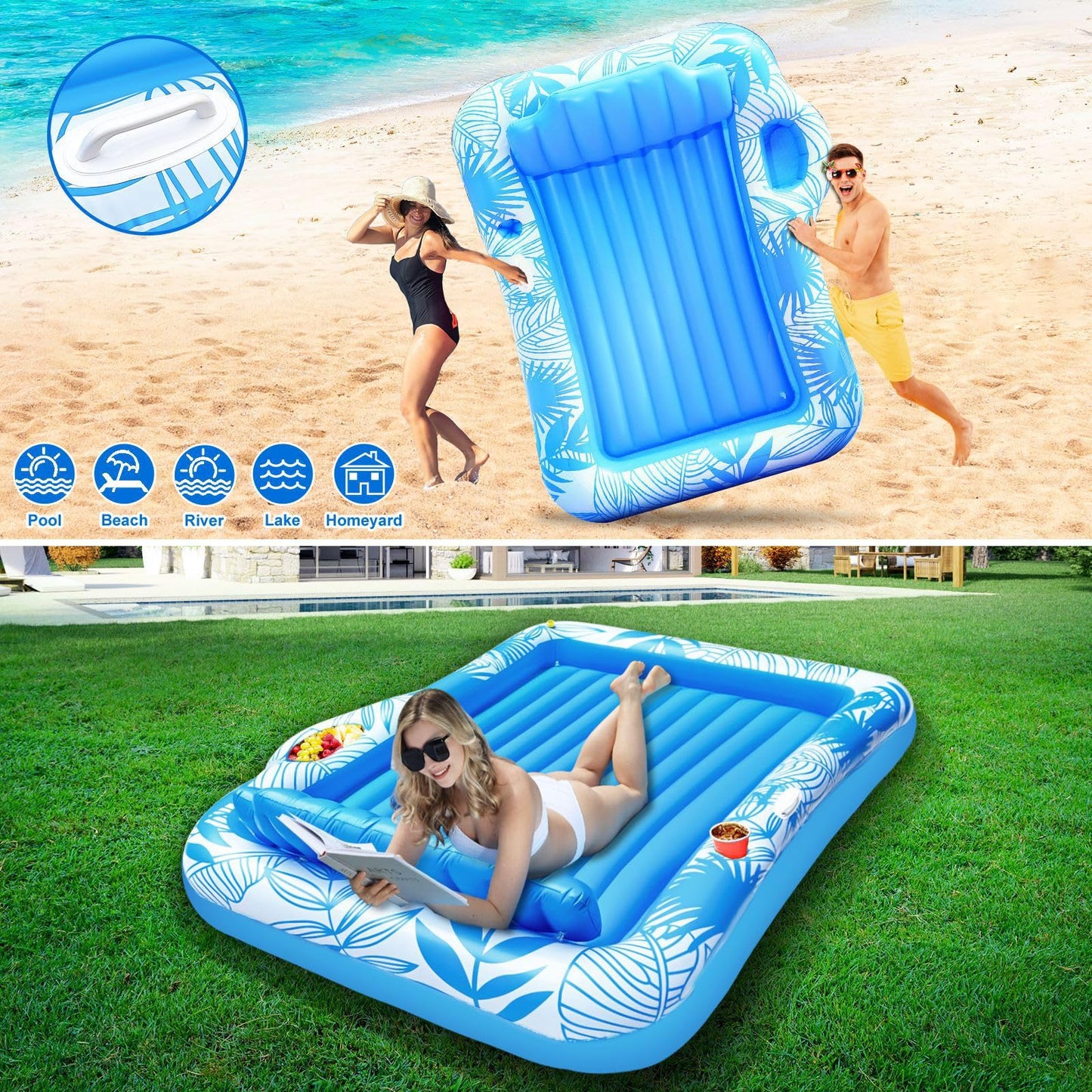 83" X 63" Extra Large Inflatable Tanning Pool Float Lounger with Sprinkler, Pool Float Adults with Pillow & Drink Holder, Blow up Water Tanning Bed Pool Raft Floatie for Adults Backyard, Pink/Blue