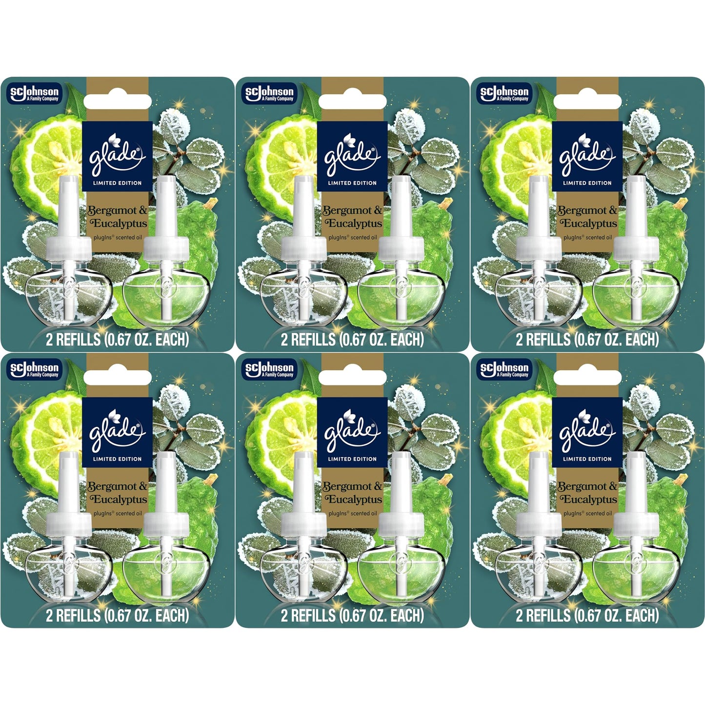 Glade PlugIns Scented 2-Count Oil Refills, 6 Pack, Bergamot & Eucalyptus, 0.67 oz
