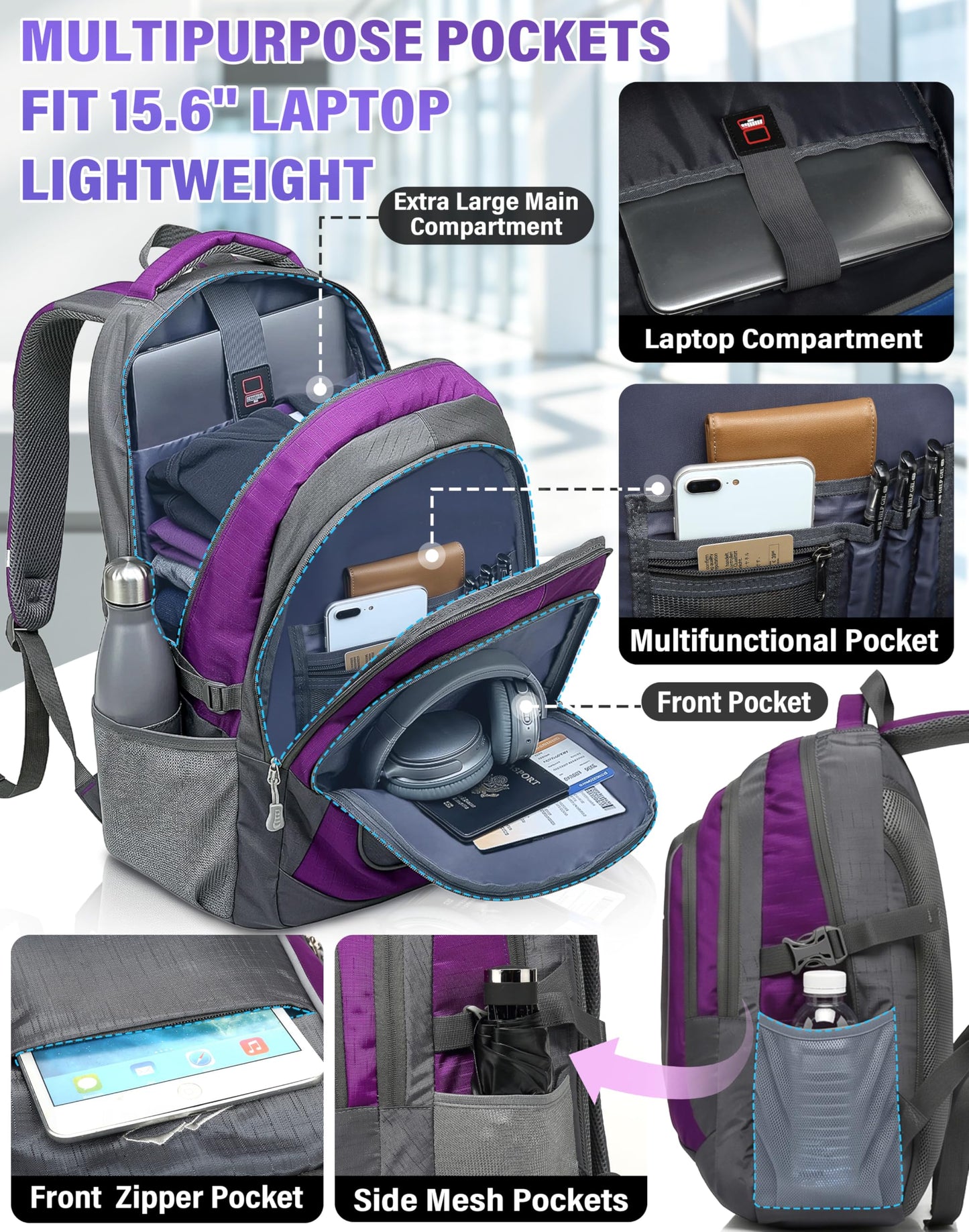 ProEtrade Extra Large Backpack Bookbag for College Travel Laptop Business Hiking Backpack Fit Laptop Up to 17 Inch Sturdy Multi Compartment Gifts for Men Women Night Light Reflective (Light Purple A)