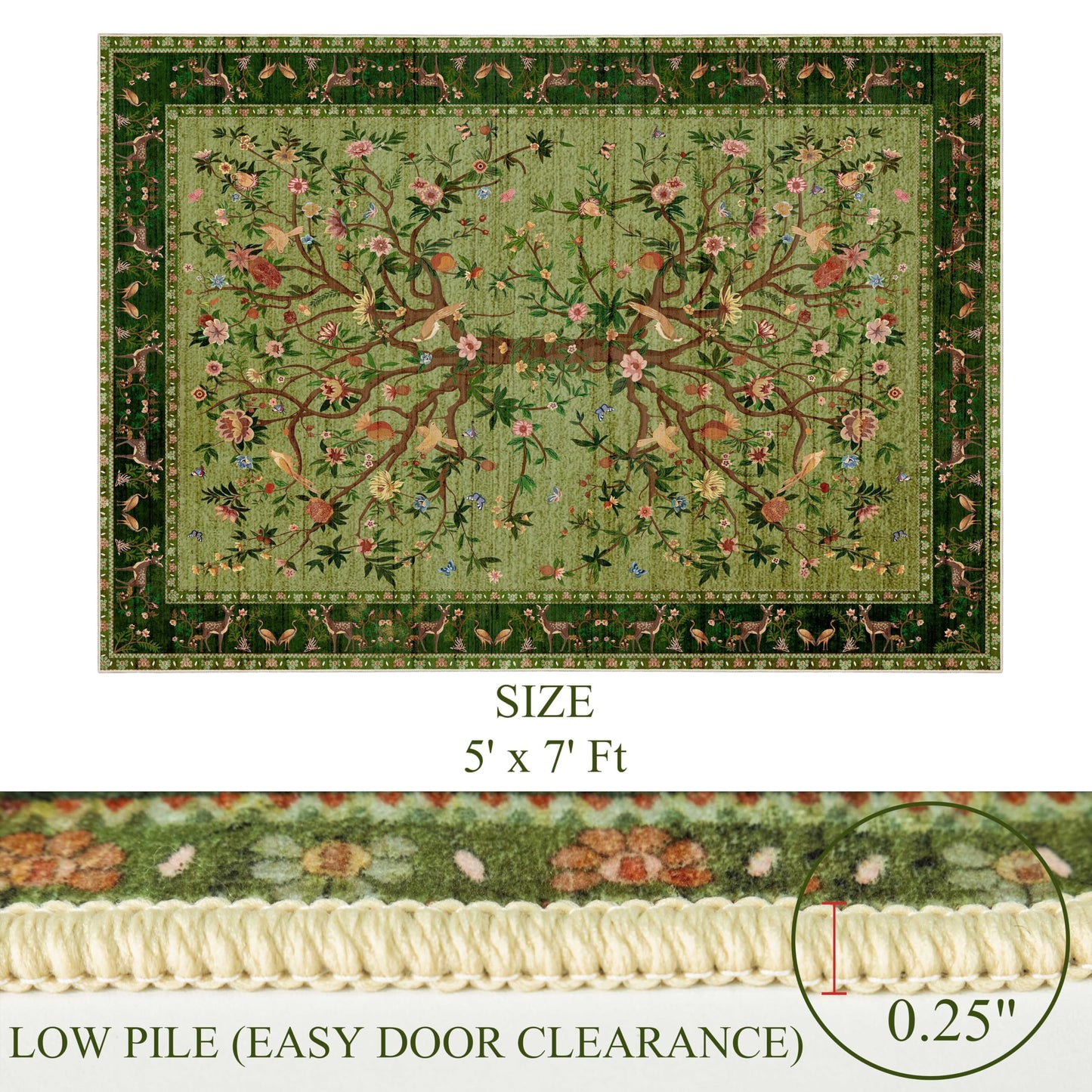 TANVILL Green Area Rugs 5x7, Machine Washable Non-Slip Rug, Boho Floral Botanical Soft Low Pile Throw Rugs for Living Room, Bedroom, Dining Room, Office