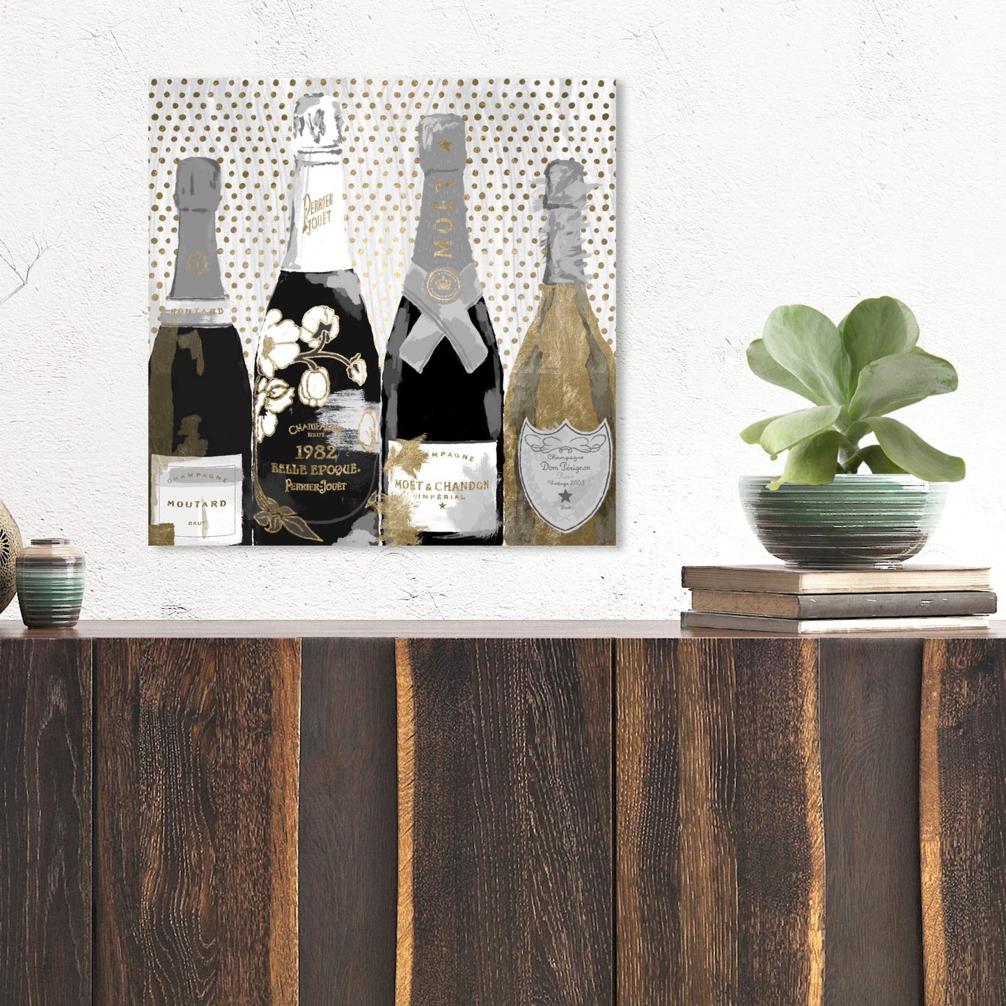 The Oliver Gal Artist Co. Drinks and Spirits Wall Art Canvas Prints 'Pass The Bottle Night' Champagne Home Décor, 16 in x 16 in, Black, Gold