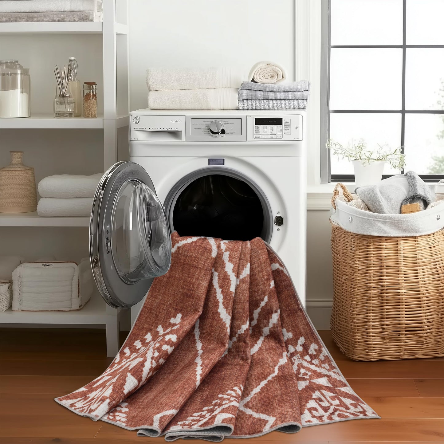 ReaLife Rugs Machine Washable Area Rug Runner - Living Room Bedroom Bathroom Kitchen Entryway Office - Padded Low Pile Stain Resistant Premium - Moroccan Diamond Tribal - Jax - Orange 2'6" x 8'