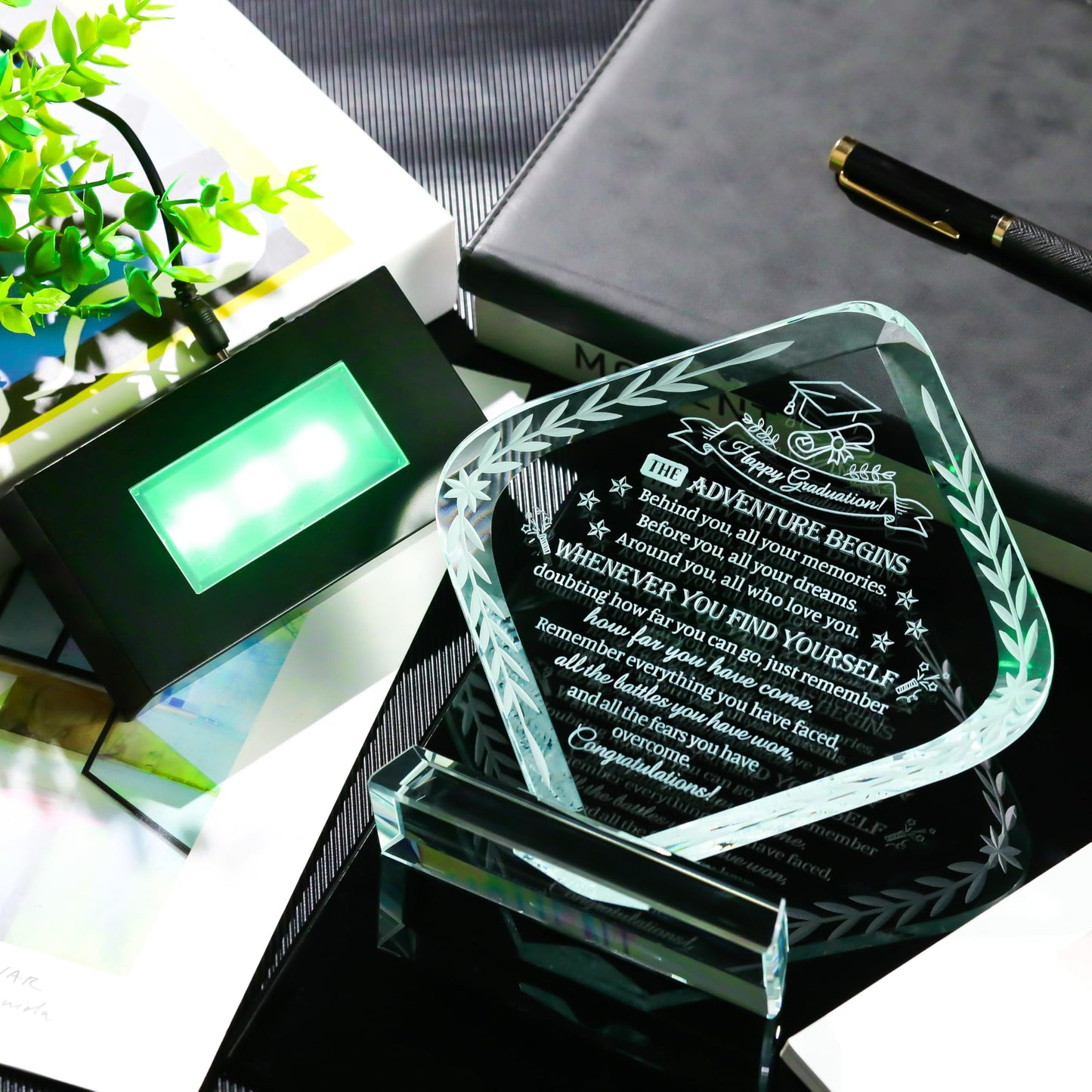Movdyka Graduation Gifts for Women Men Crystal Plaque Keepsakes, Class of 2026 Graduation Gifts for Her Him Female High School College Masters Degree Phd Decor (Rhombus with Light Base)