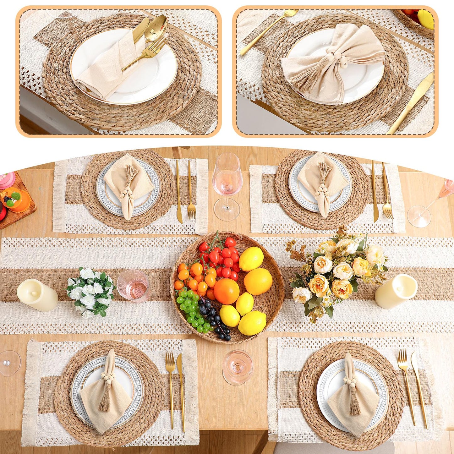 Gandeer 6 Sets Boho Decoration Placemats Round Woven Placemats, Cloth Napkins, Wood Bead Napkin Rings, Long Table Runner and Farmhouse Burlap Cotton for Table Kitchen (Khaki,12x72)