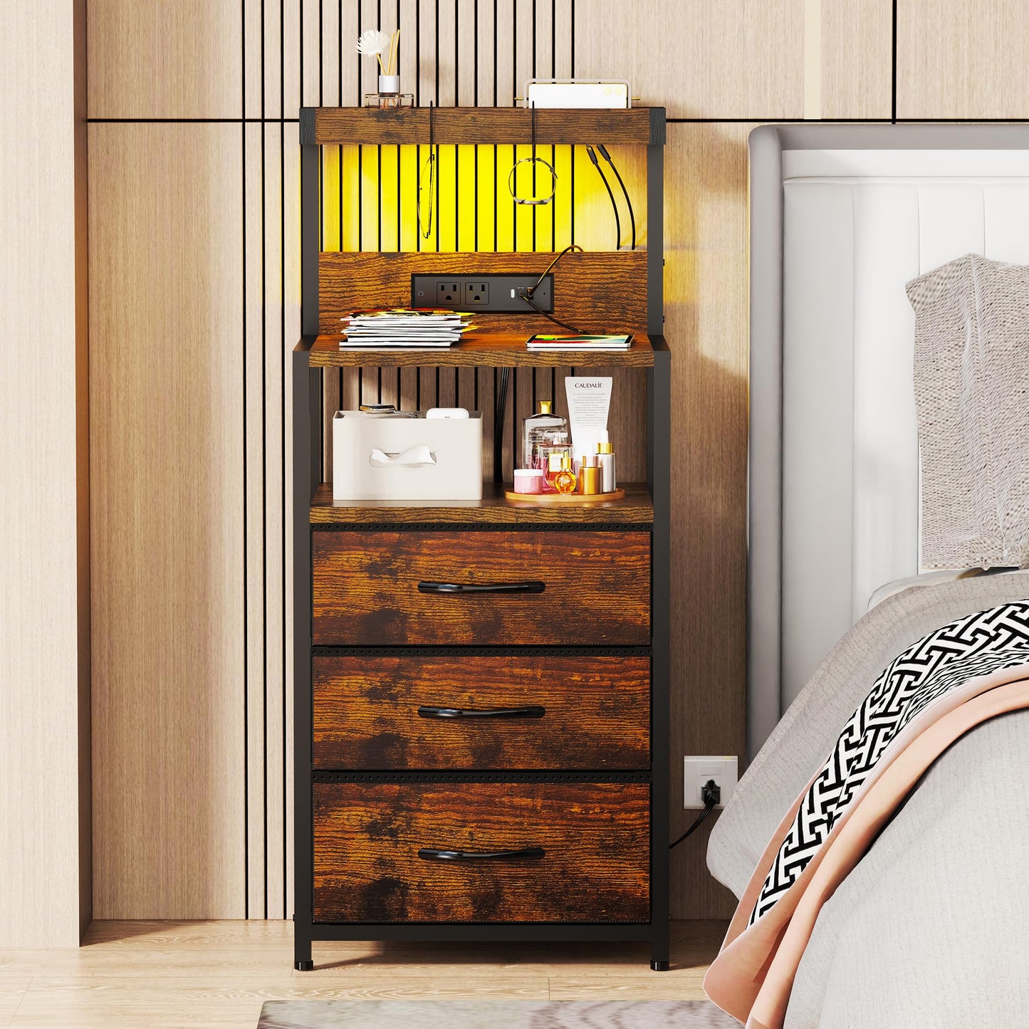 SZLHANJZ Night Stand, Nightstand with Charging Station, 3 Drawers Night Stand with Storage and LED Lights, 3 Shelves and Hooks, End Side Table for Bedroom, Rustic Brown