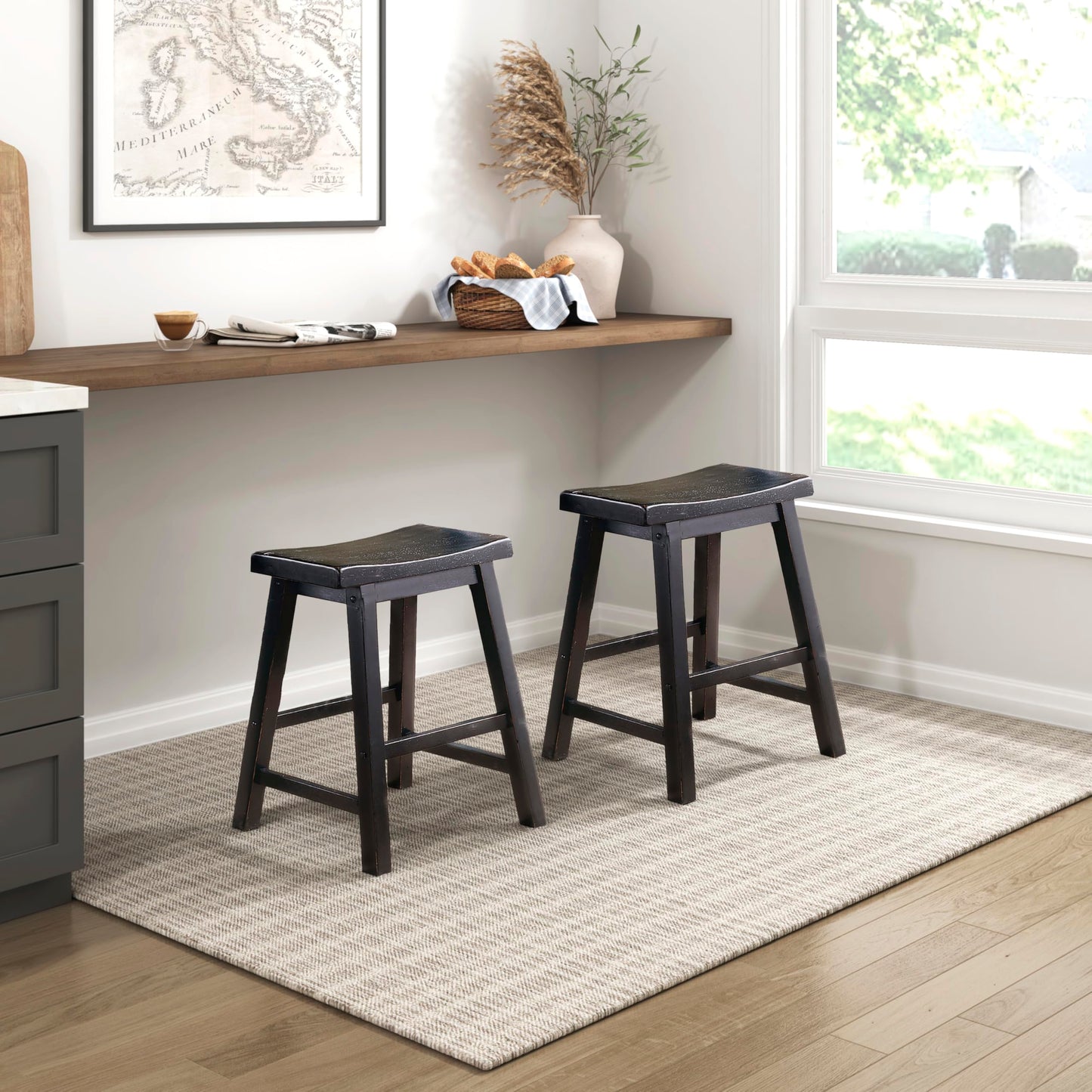 Homelegance Saddleback Solid Wood Kitchen Height Bar Stool Set Of 2 - Saddle Kitchen Stool Dining Height Stools for Dining, Armless Chair Seating Options, Perfect Casual Entertaining Spaces Black