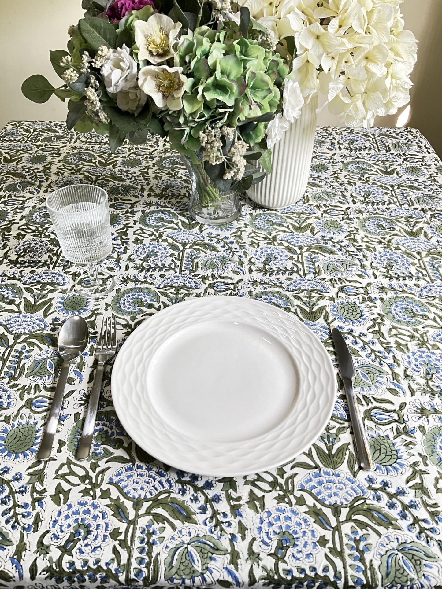 ATOSII Clover Blue 100% Cotton Round Boho Fall Tablecloth, Handblock Floral Table Cloth Linen for Kitchen Dining I Parties Wedding Outdoors Christmas Thanksgiving I Fall Home Decor 72" Inches Round