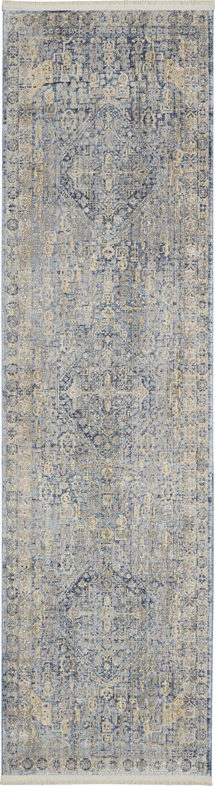 Nourison Silken Weave Vintage Blue/Ivory 2'2" x 7'6" Area -Rug, Easy -Cleaning, Non Shedding, Bed Room, Living Room, Dining Room, Kitchen (2x8)