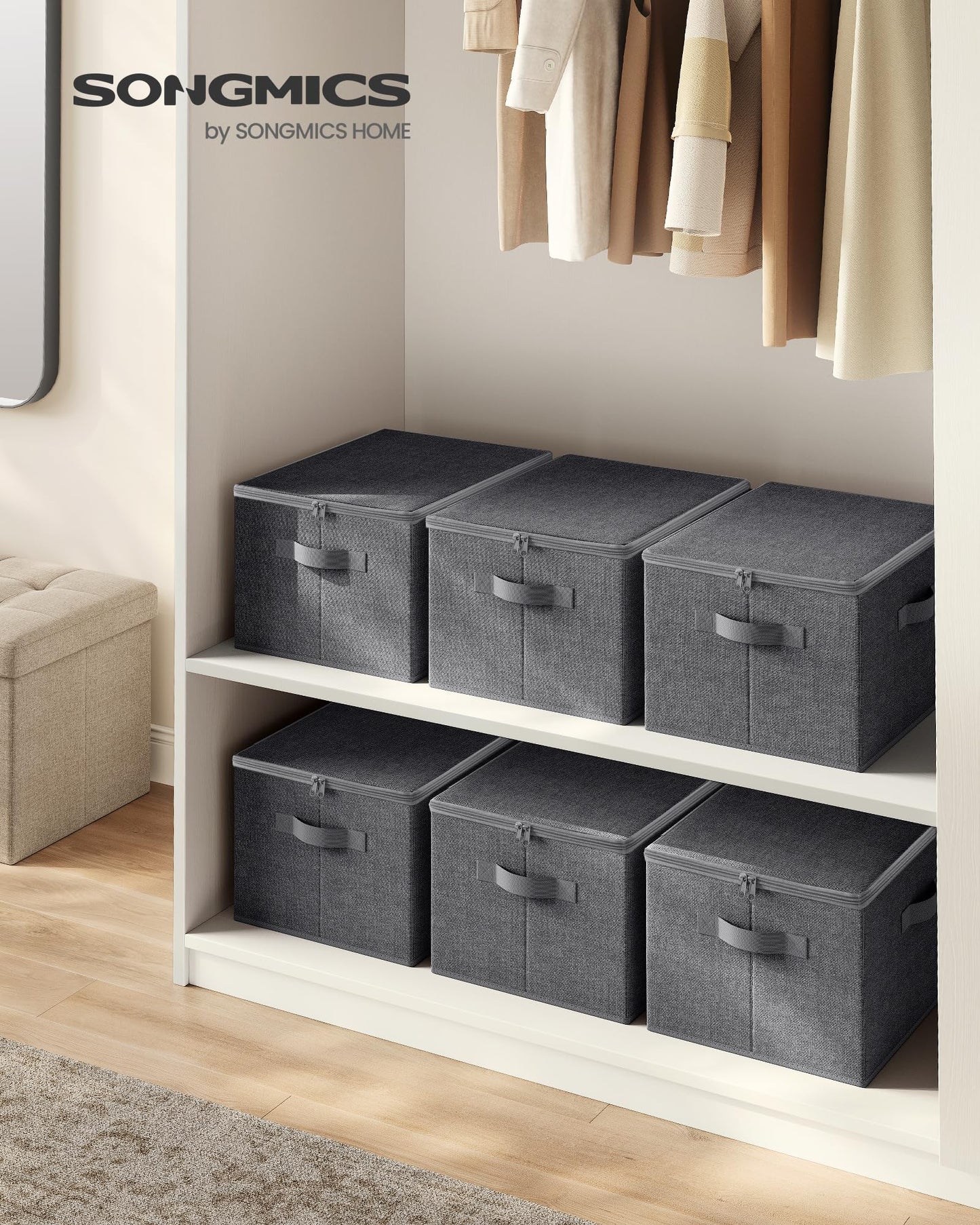 SONGMICS Foldable Storage Organizer Boxes, Set of 6 Storage Basket Bins with Lids, Handles, Clothes Organizer, 15.7 x 11.8 x 9.8 Inches, Non-Woven Fabric, Slate Gray URZB003G02