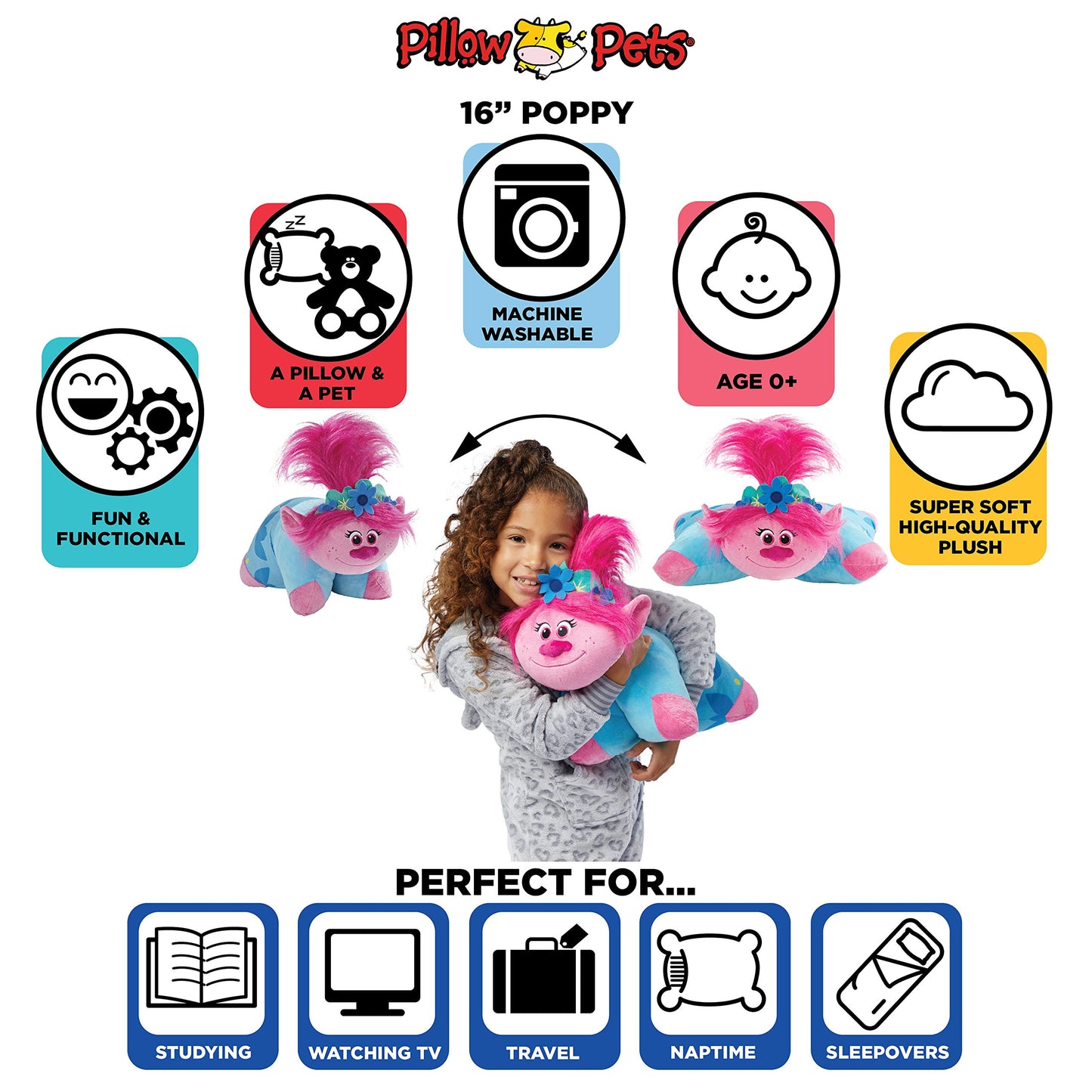 Pillow Pets Universal Trolls Poppy Sleeptime Lite 11" – Trolls Stuffed Animal Plush Nightlight