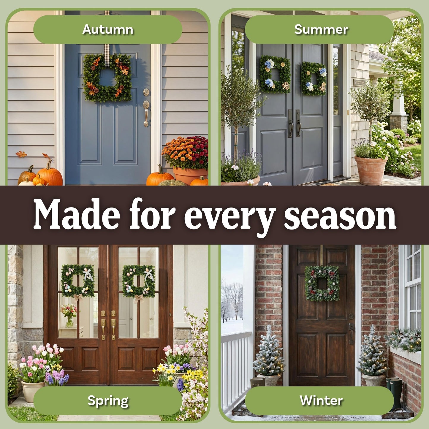 Pure Garden Set of 2 Wreaths - 16.5-Inch Square Artificial Boxwood Spring, Summer, Winter, or Fall Wreaths - Outdoor/Indoor Decor for Front Door