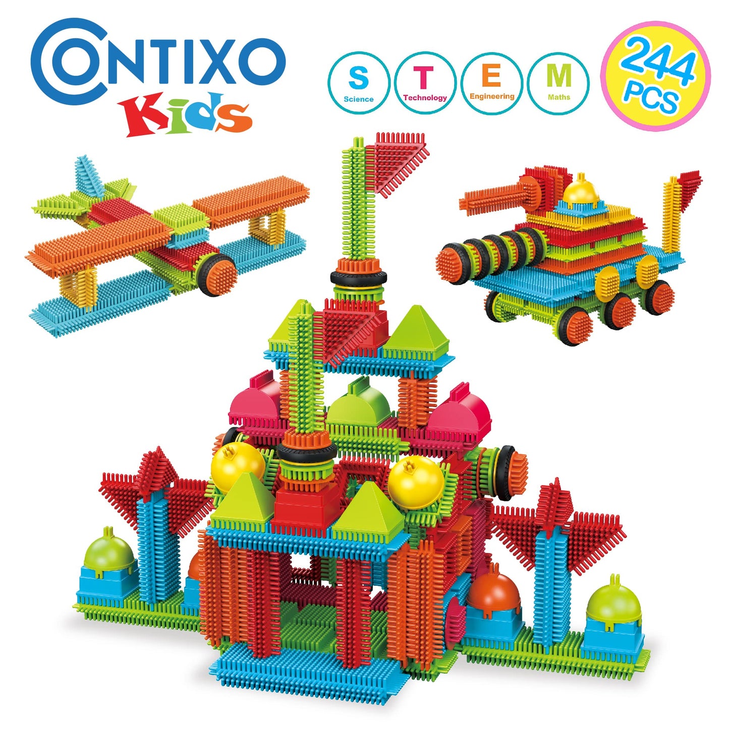 contixo Stem Building Toys, ST7 244 Pieces Bristle Shape 3D Tile Set Building Learning Educational Block Stacking Creative Imagination Toy for Kids