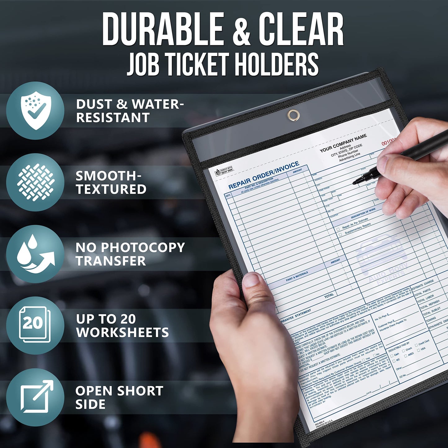 30 Pack Job Ticket Holders 9x12 Heavy Duty - Automotive Work Order Plastic Sleeves - Clear Shop Ticket Holders - Repair Order Sleeves - Plastic Sleeve for Paper - Dry Erase Pockets - Work Order Folder
