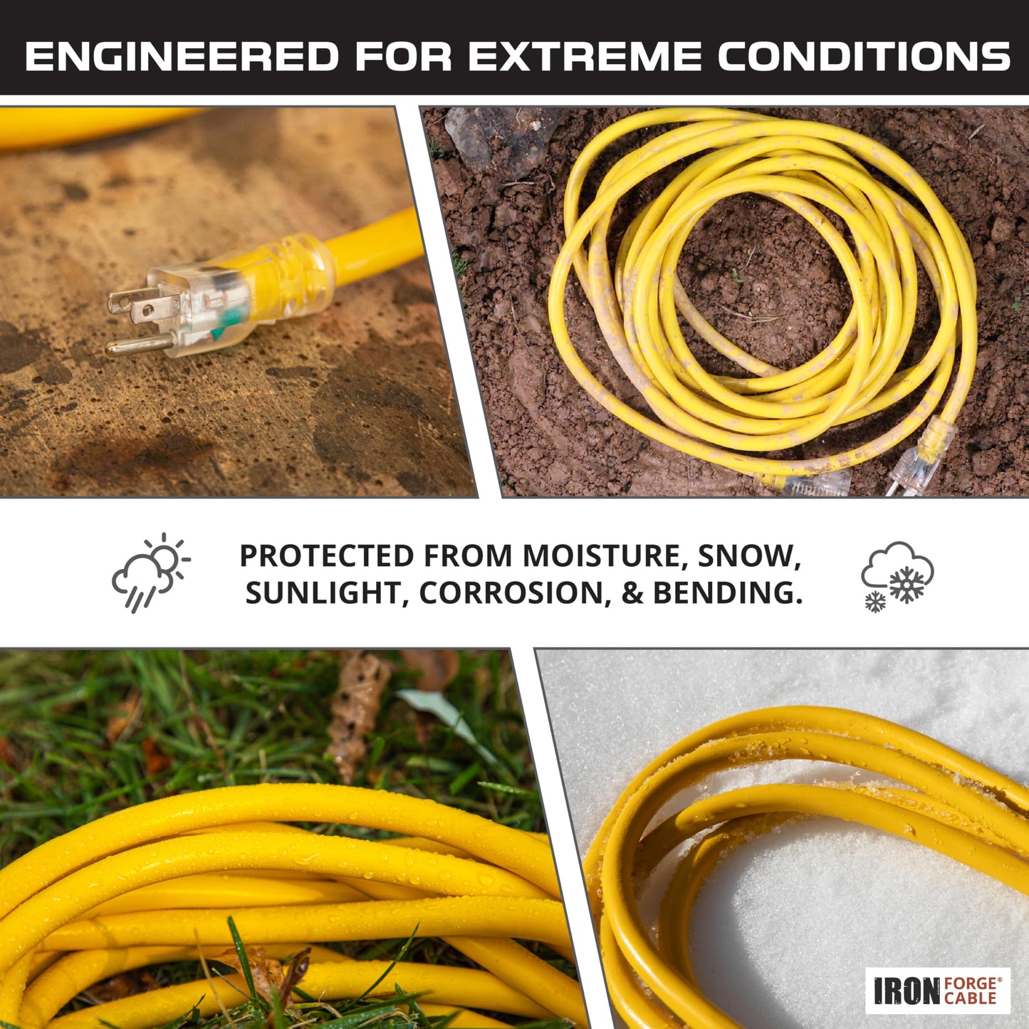 IRON FORGE CABLE 2 Pack of 25 Foot Outdoor Extension Cords - 12/3 SJTW Heavy Duty Lighted Yellow Extension Cable with 3 Prong Grounded Plug for Safety, 15 AMP - Great for Garden and Major Appliances