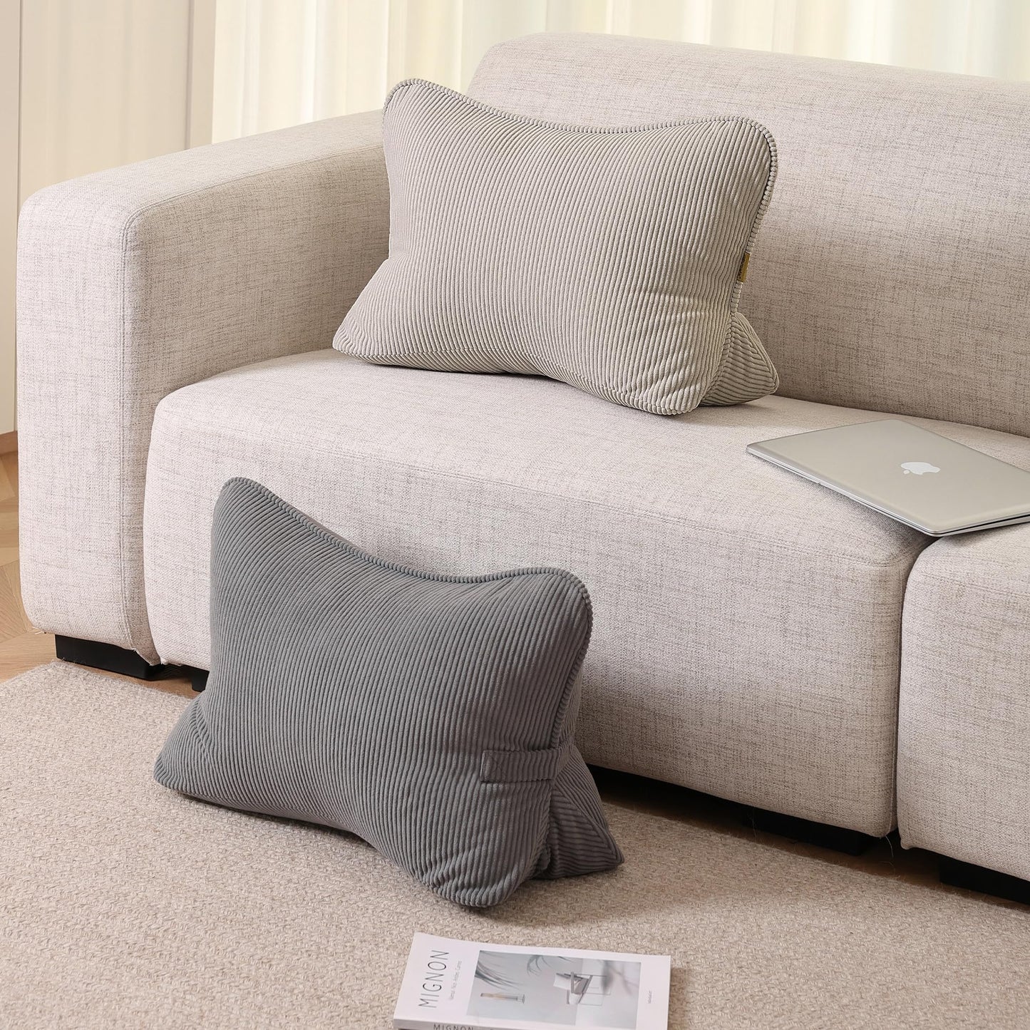 Ailuteie Pat. Pend. Corduroy Lumbar Support Back Pillow for Watching TV, Reading & Gaming, Ergonomic Triangle Support Cushion for Sofa, Armchair & Bed Sitting, Removable Washable Cover, Beige Gray