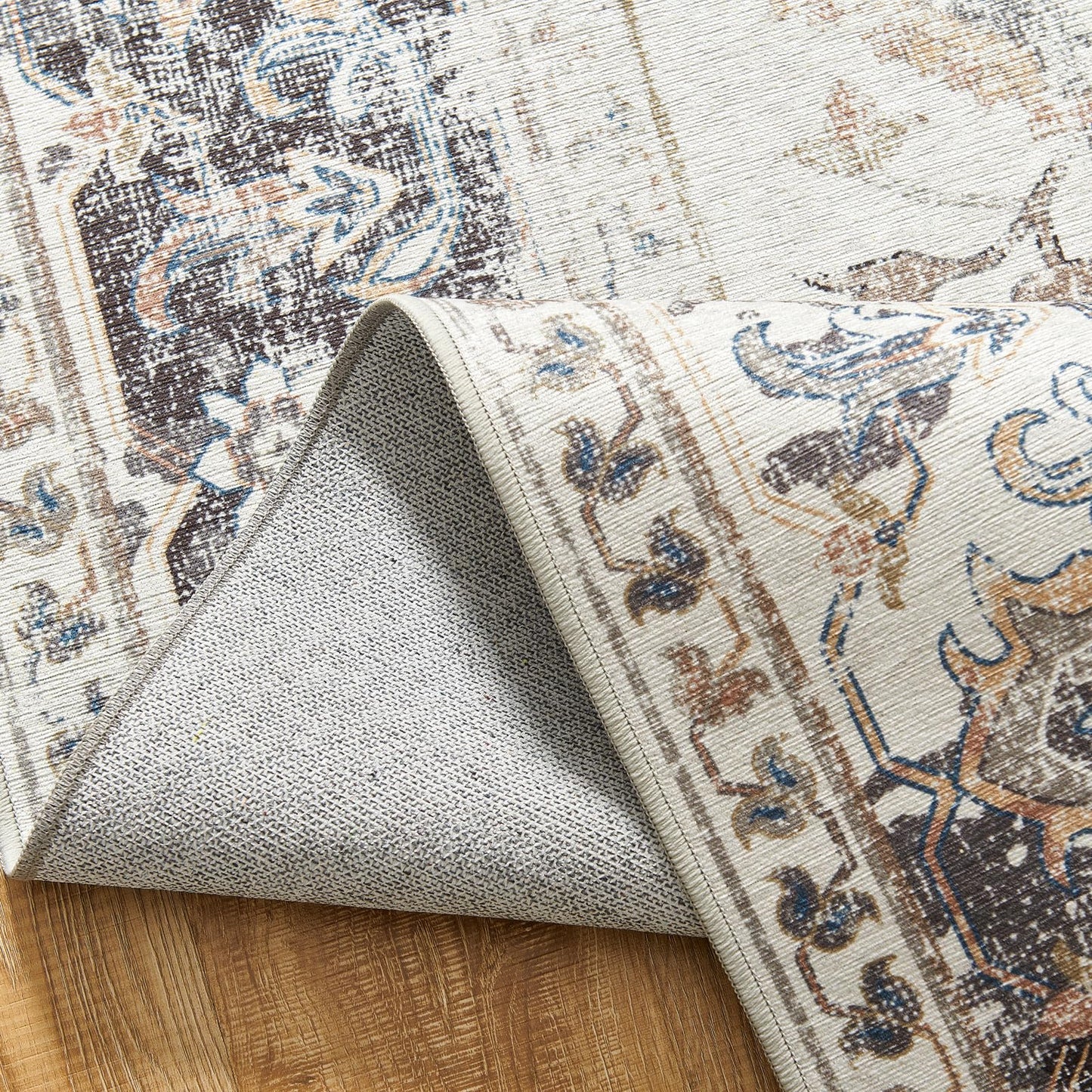 jinchan 6x9 Large Area Rug Vintage Washable Non-Slip Rug for Living Room Bedroom Dining Room Kitchen Home Office Thin Elegant Retro Lightweight Chenille Rug Blue Grey