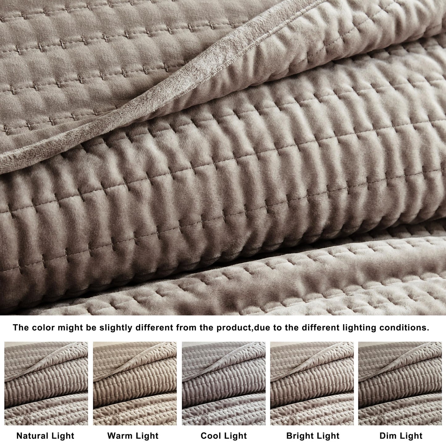 WDCOZY Velvet Queen Size Quilt Set - Brown Taupe Tan Camel Striped Pick Stitch Soft Lightweight Bedspread, Channel Farmhouse Country Rustic Coverlet, Modern Bedding Warm Thin Comforter, 3 Pieces