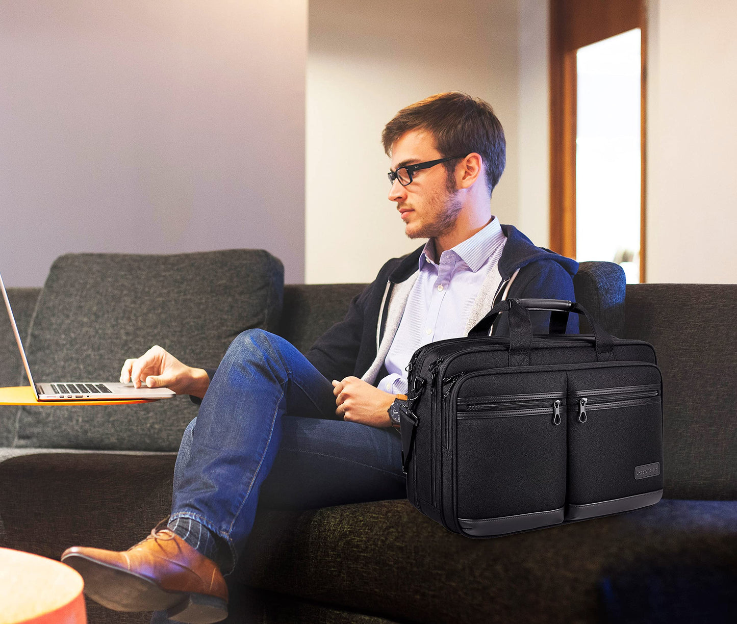 KROSER Laptop Bag Stylish Laptop Briefcase Fits Up to 17.3 Inch Expandable Water-Repellent Shoulder Messenger Bag Computer Bag with RFID Pockets for Business/Travel/College/Men/Women-Black